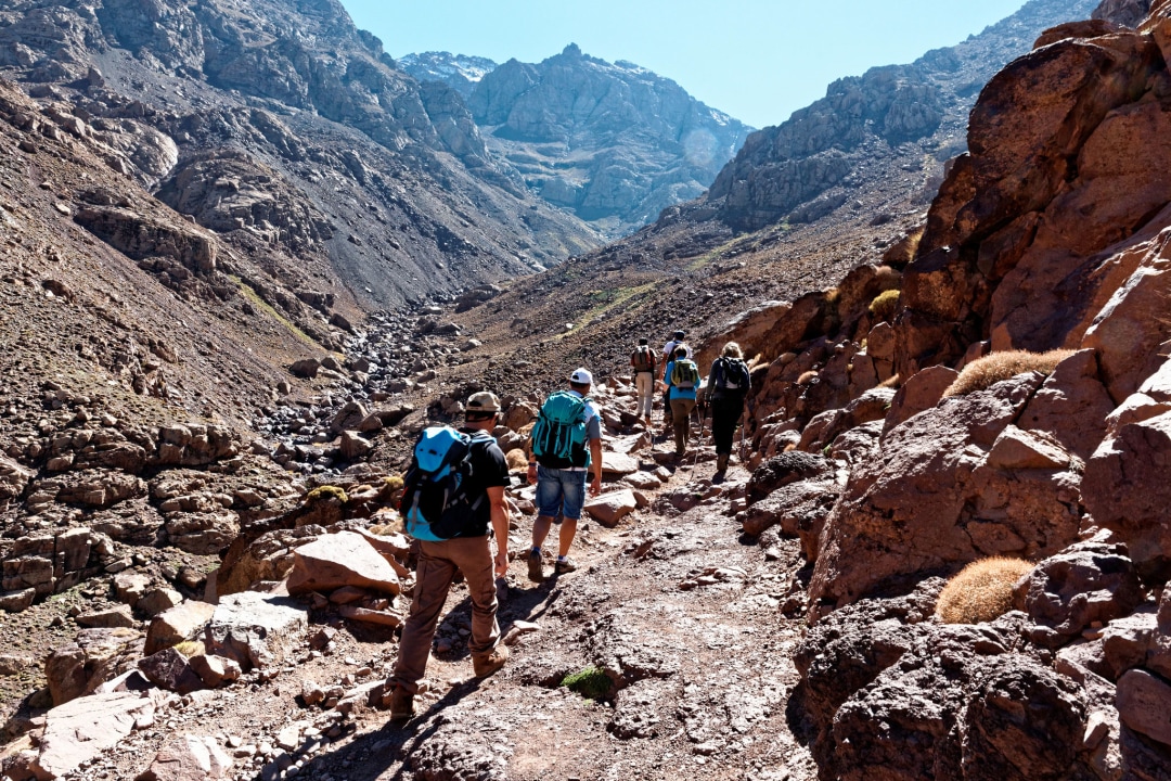 Toubkal National Park, High Atlas ridges, Tinerhourhine and Aguersioual villages, walnut groves and seguias