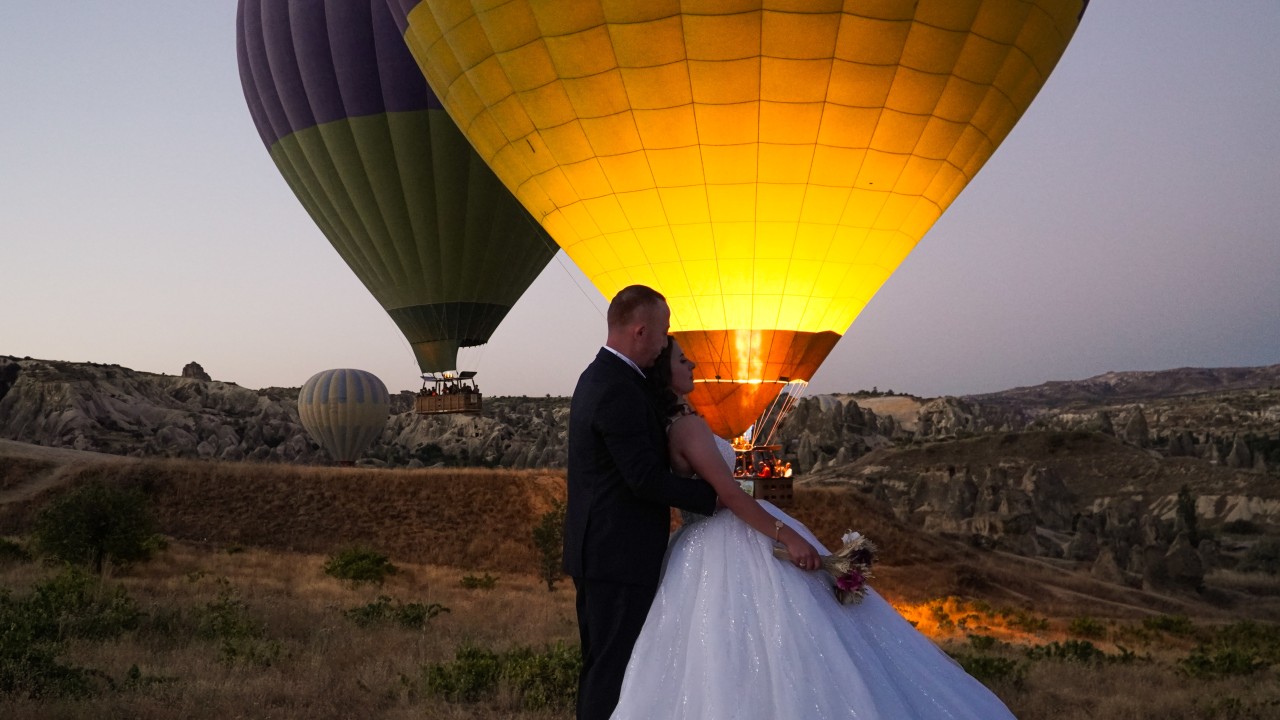 Cappadocia, hot air balloons, flying dress shoot