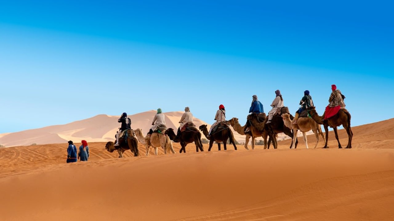 Merzouga sand dunes, sunrise over the sand dunes, Ksar of Aït Benhaddou, Atlas Mountains