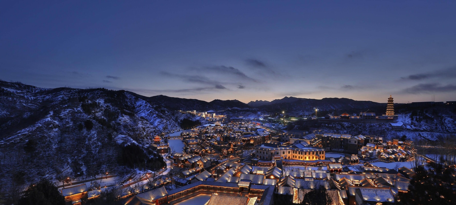 Simatai Great Wall at night, illuminated Gubei Water Town, cable-car ascent