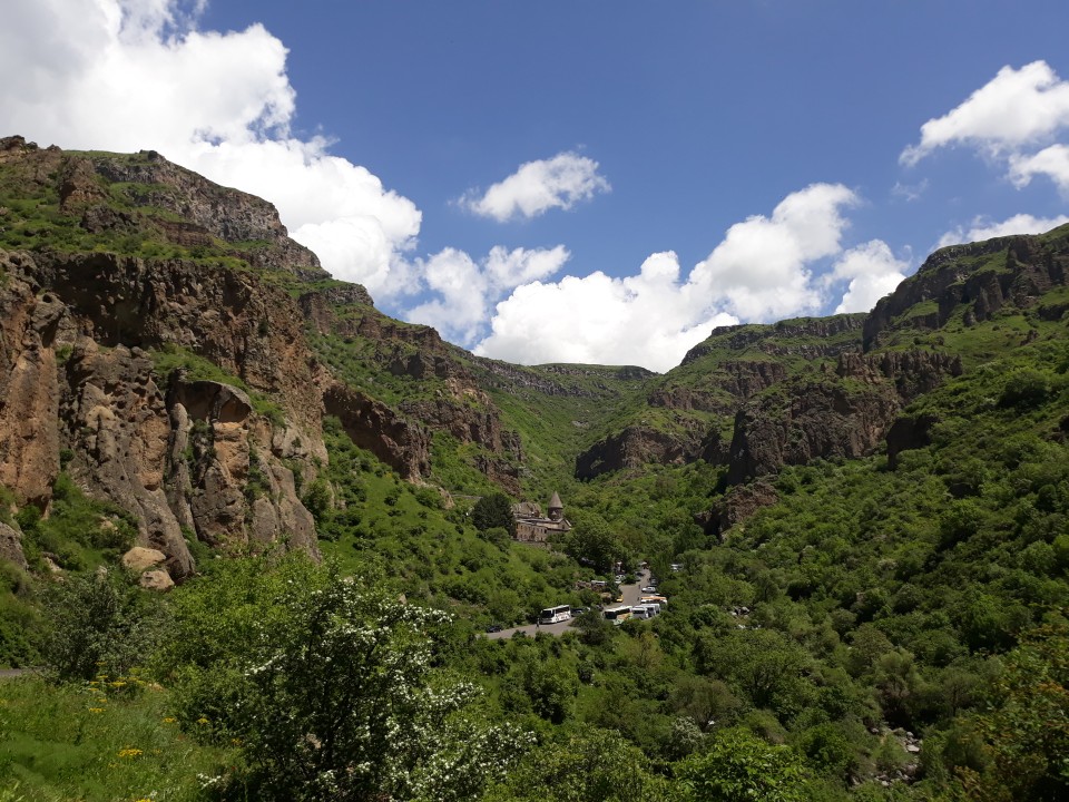 Garni Temple, hexagonal basalt columns of Garni Gorge, Geghard Monastery carved from rock