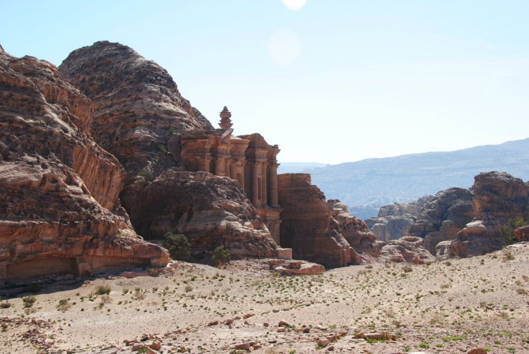 Dana Biosphere Reserve cliffs, Feynan Canyon gorge, Little Petra sandstone domes, Al-Khazneh façade