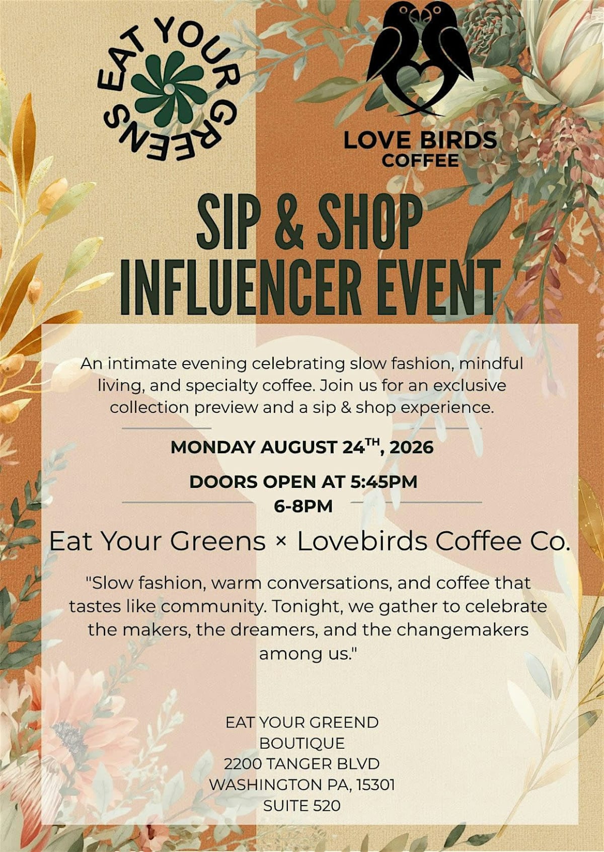 EAT YOUR GREENS X LOVEBIRDS COFFEE SIP & SHOP INFLUENCER EVENT