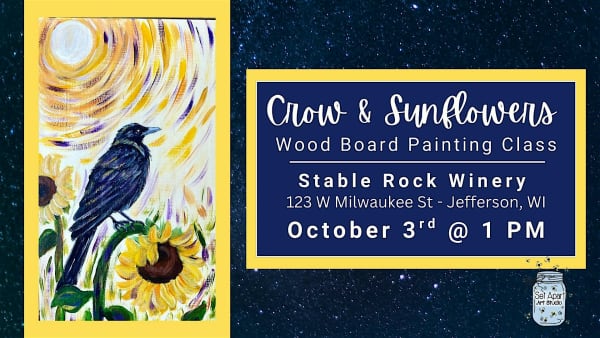 Crow and Sunflowers Wood Board Painting Class