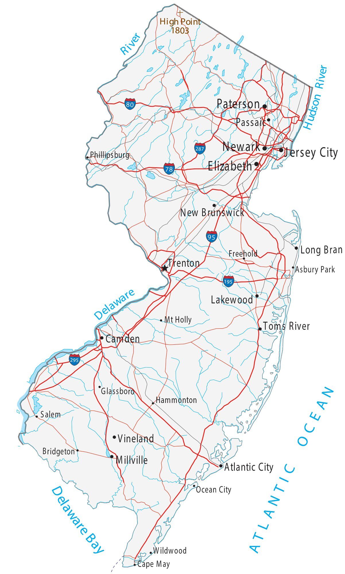Map of New Jersey showing major cities, highways, and waterways
