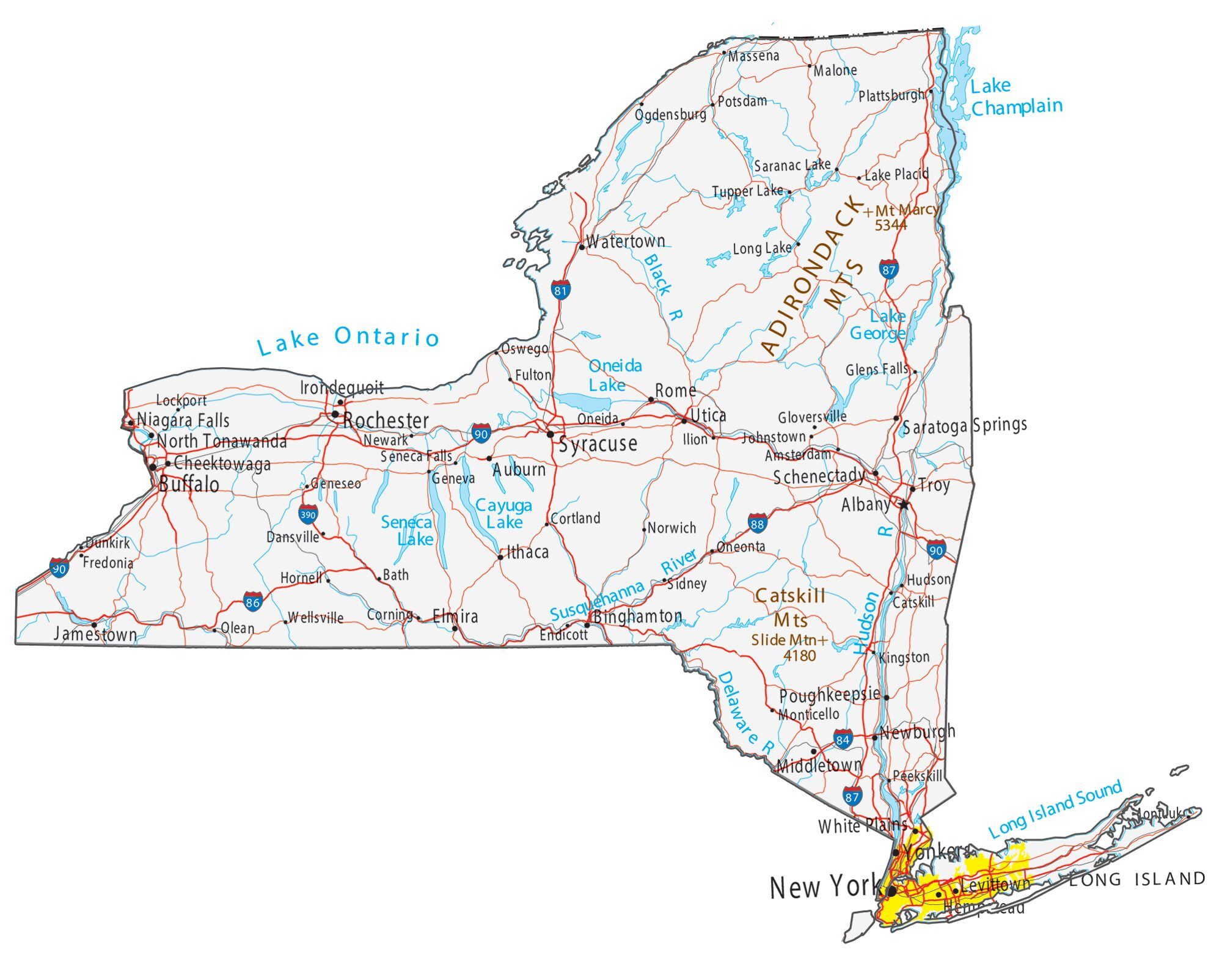 Map of New York showing major cities, highways, and waterways