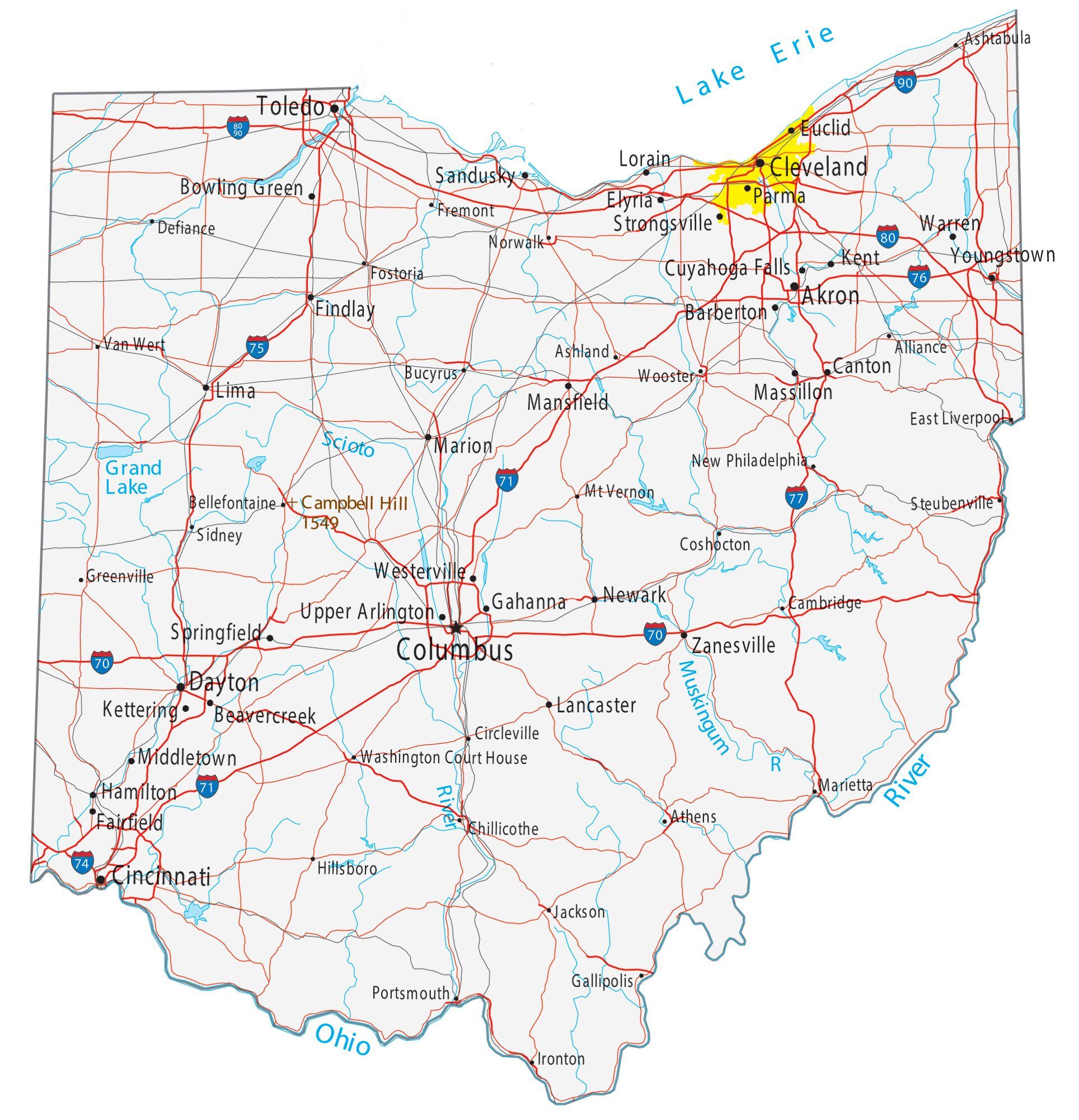 Map of Ohio showing major cities, highways, and waterways