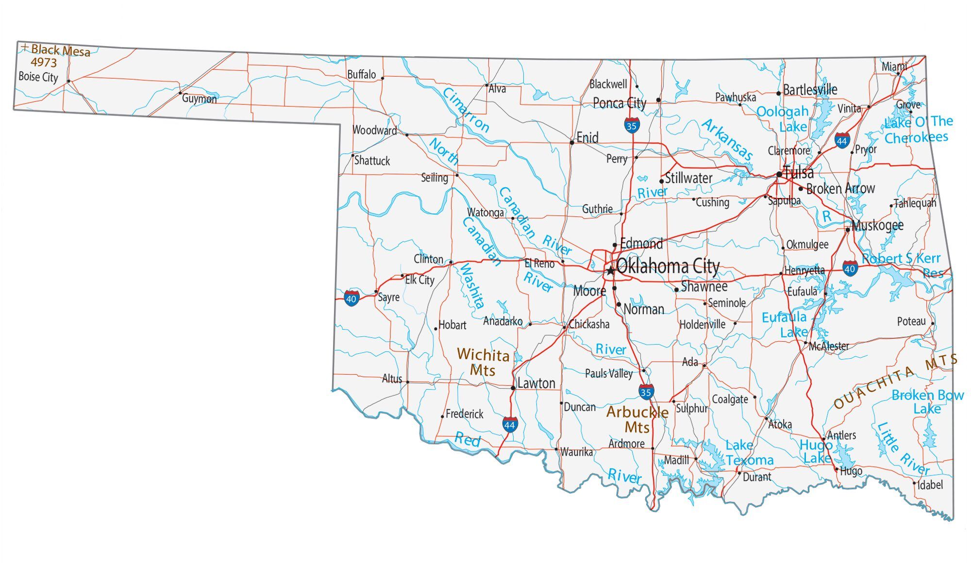 Map of Oklahoma showing major cities, highways, and waterways