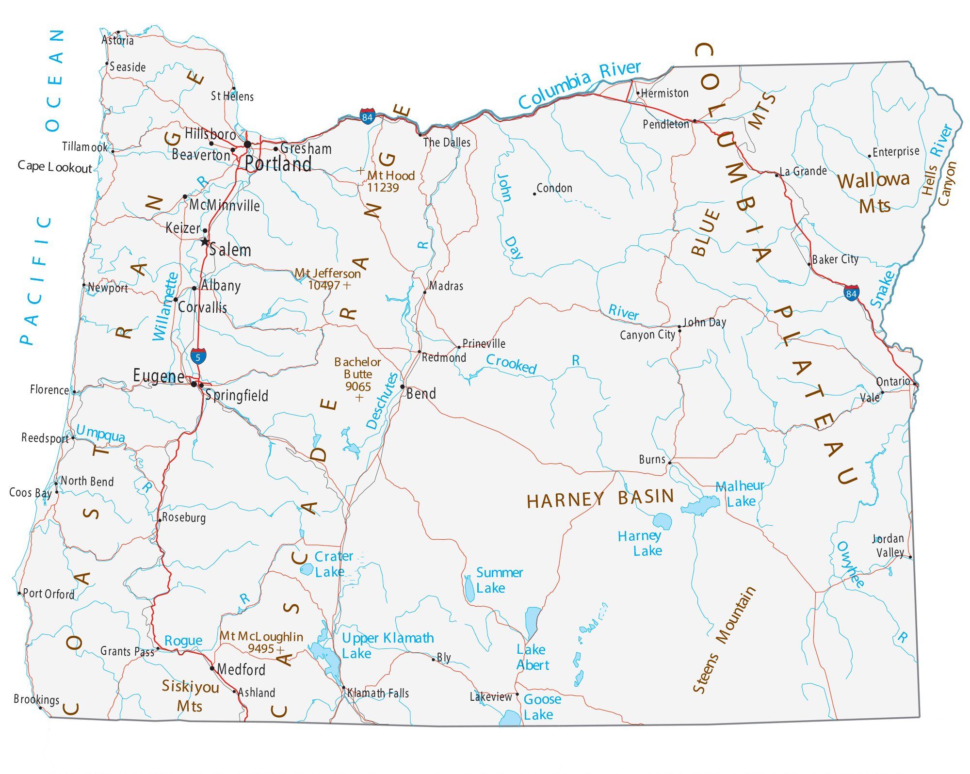 Map of Oregon showing major cities, highways, and waterways