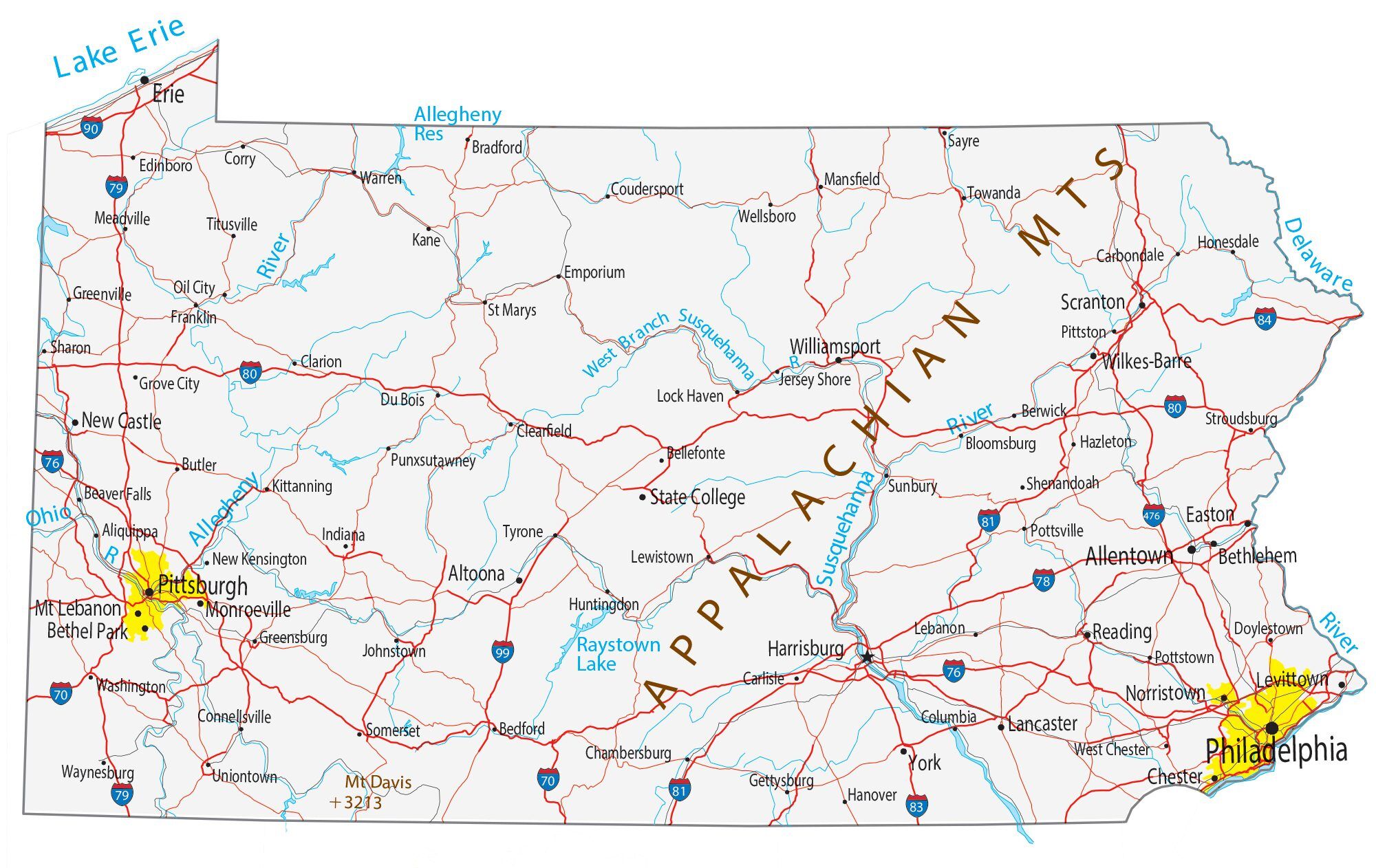 Map of Pennsylvania showing major cities, highways, and waterways