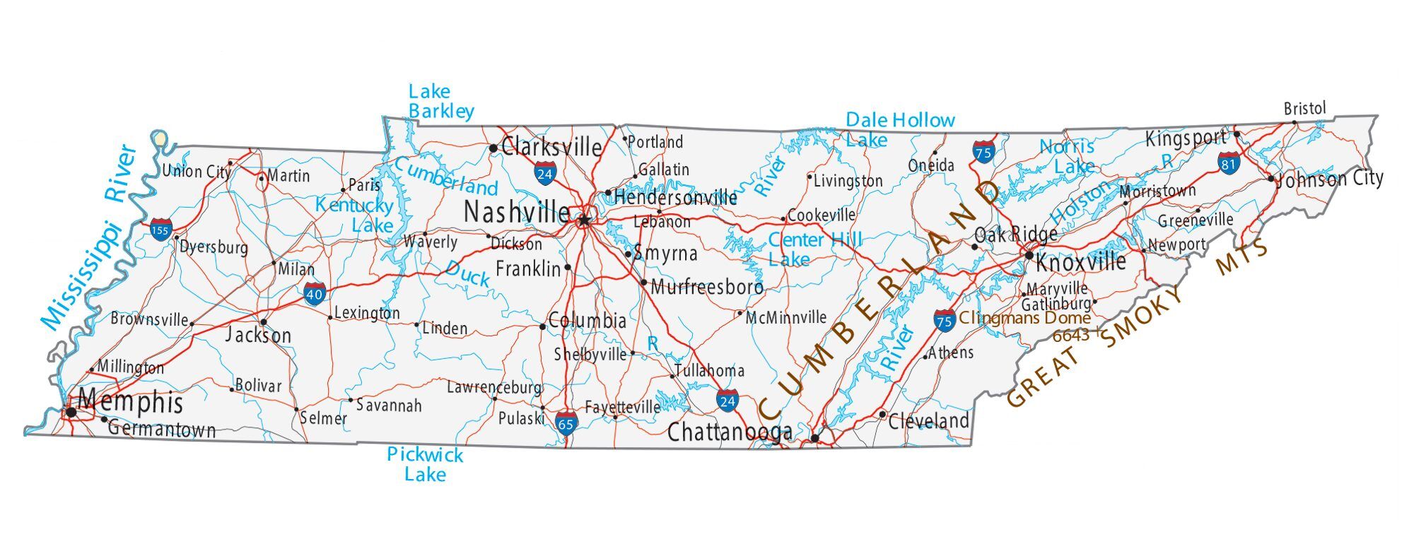 Map of Tennessee showing major cities, highways, and waterways