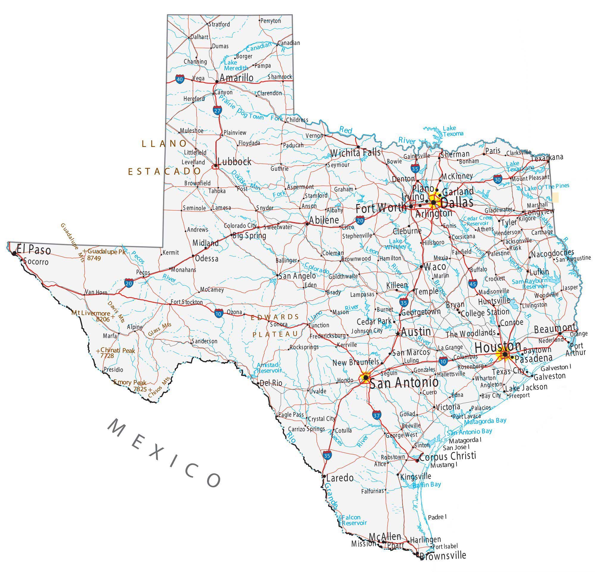 Map of Texas showing major cities, highways, and waterways