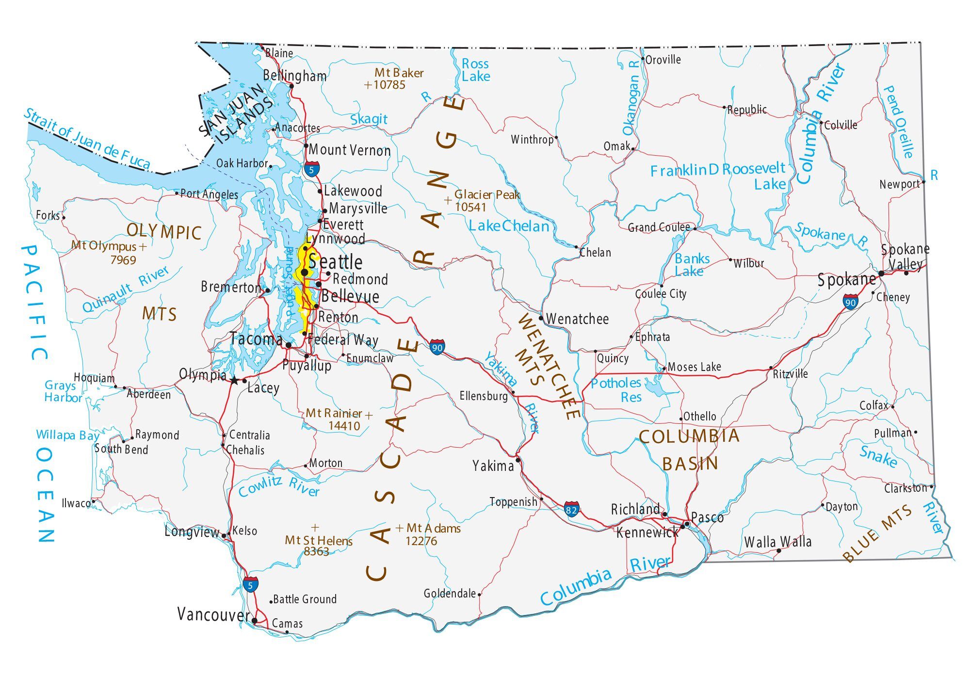 Map of Washington showing major cities, highways, and waterways