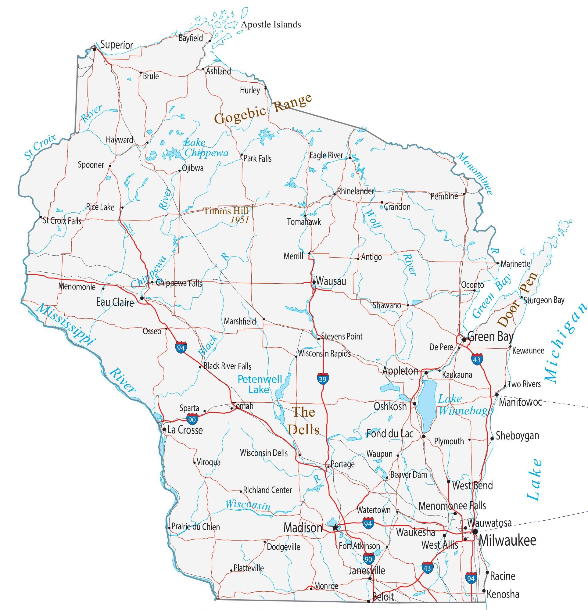 Map of Wisconsin showing major cities, highways, and waterways