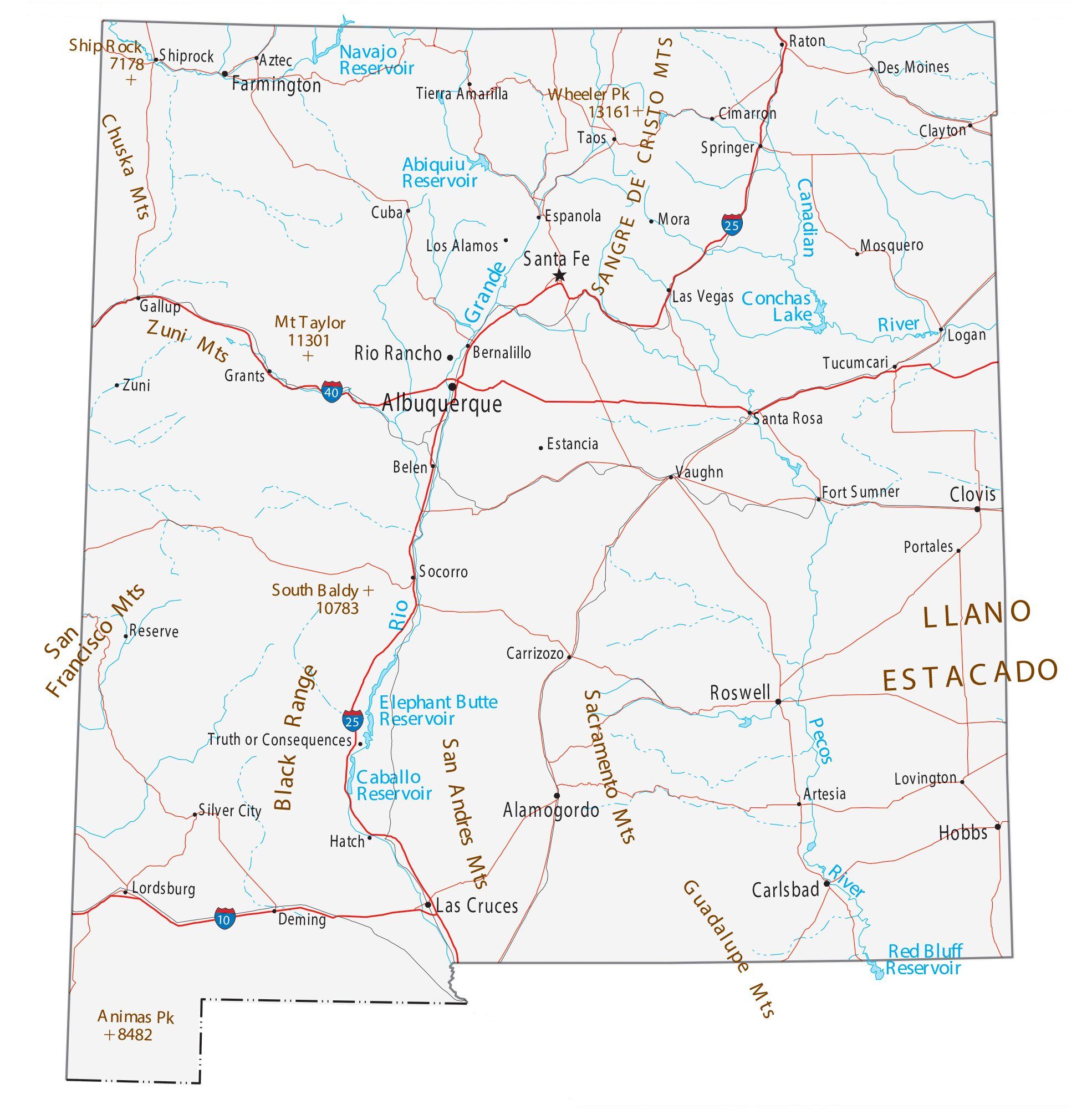 Map of New Mexico showing major cities, highways, and waterways