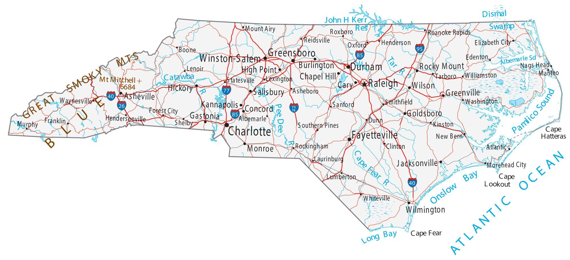 Map of North Carolina showing major cities, highways, and waterways