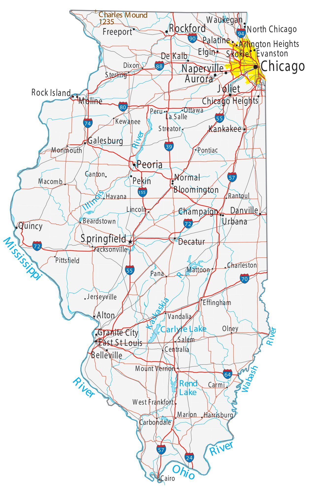 Map of Illinois showing major cities, highways, and waterways