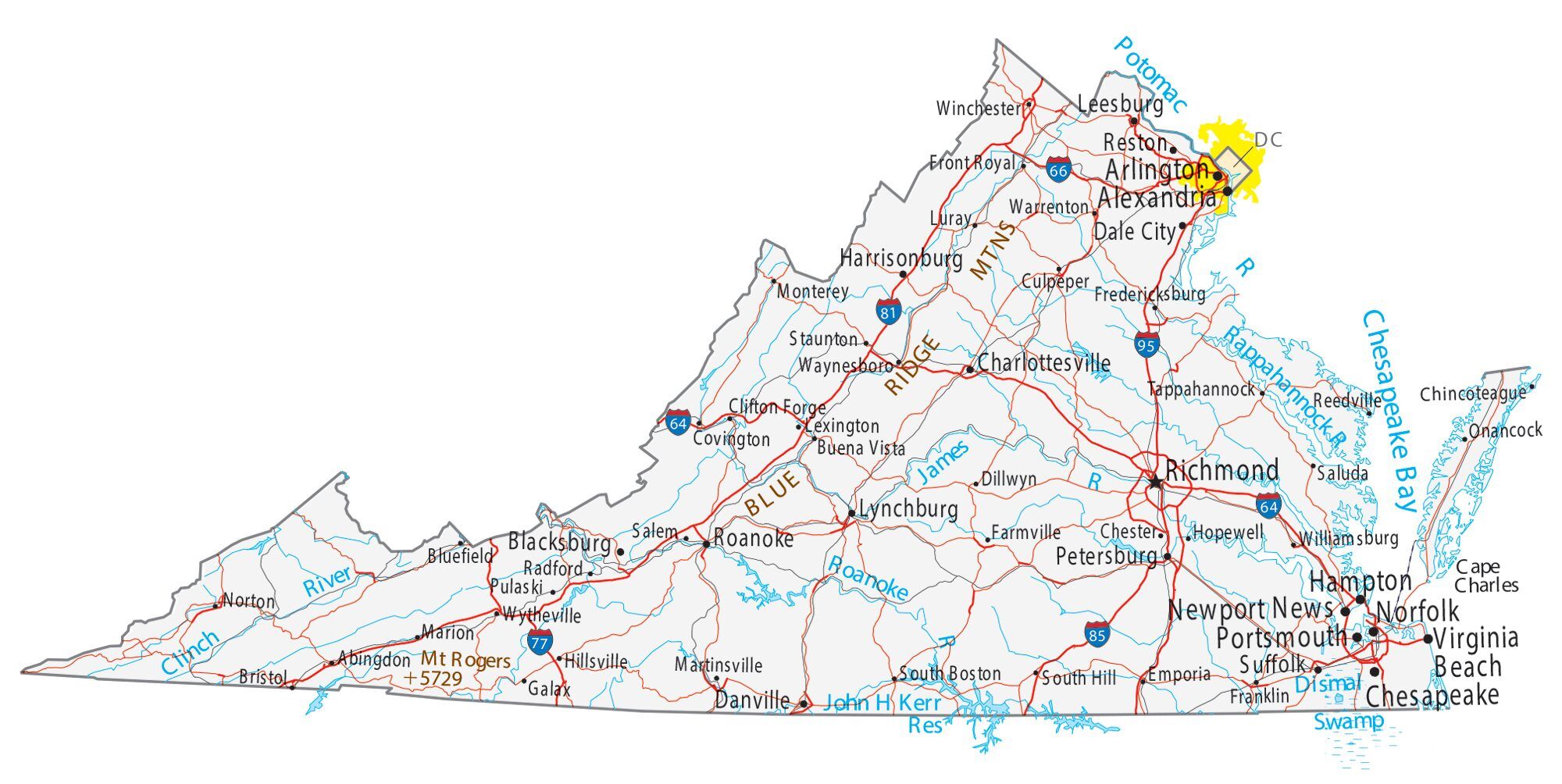 Map of Virginia showing major cities, highways, and waterways