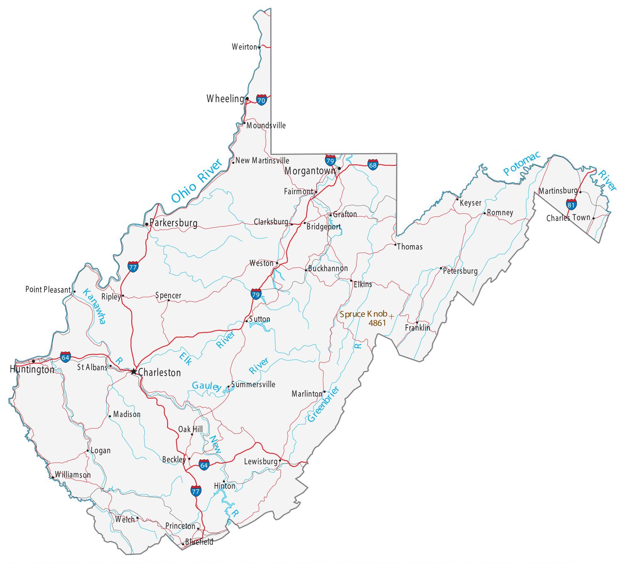 Map of West Virginia showing major cities, highways, and waterways