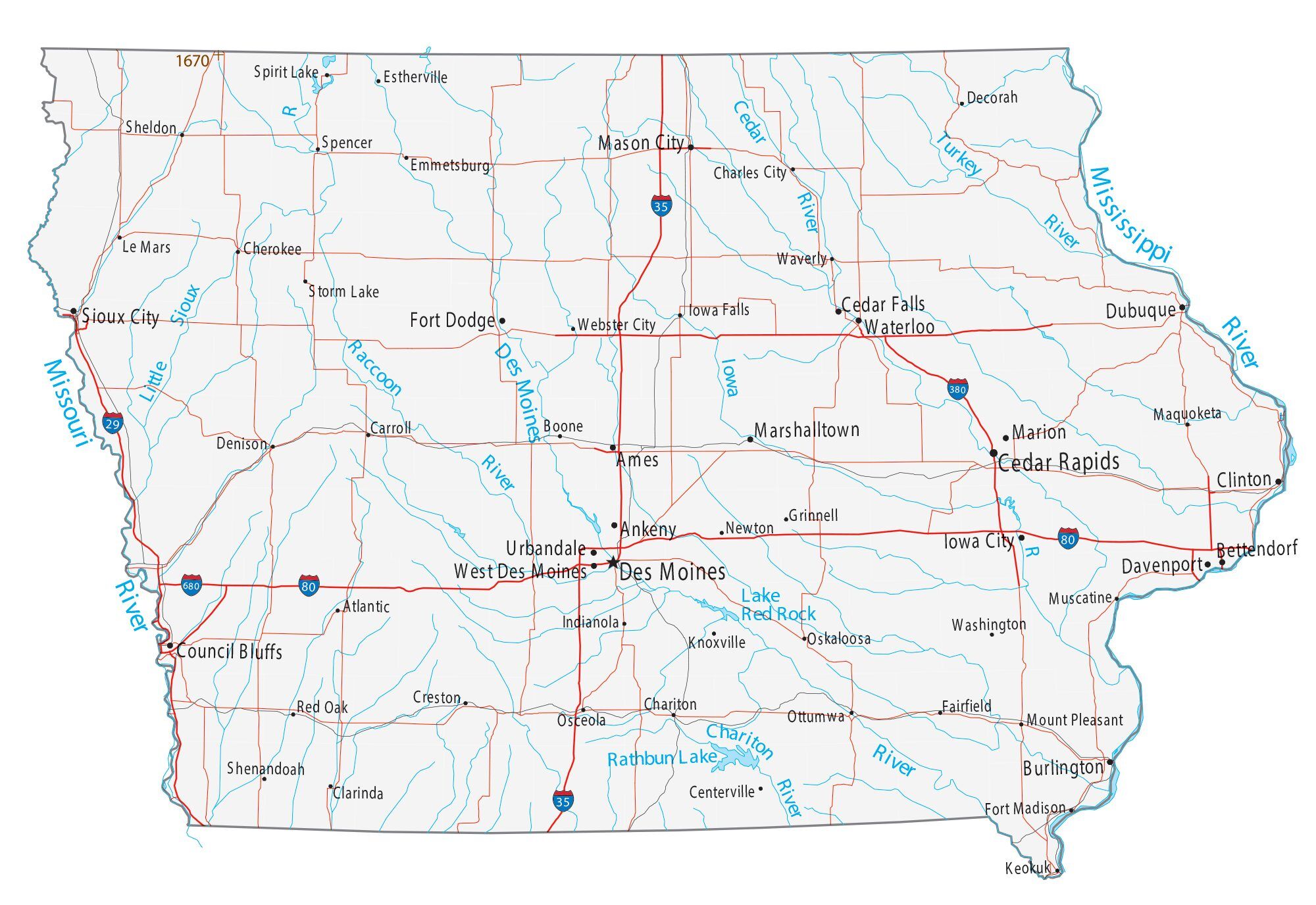 Map of Iowa showing major cities, highways, and waterways