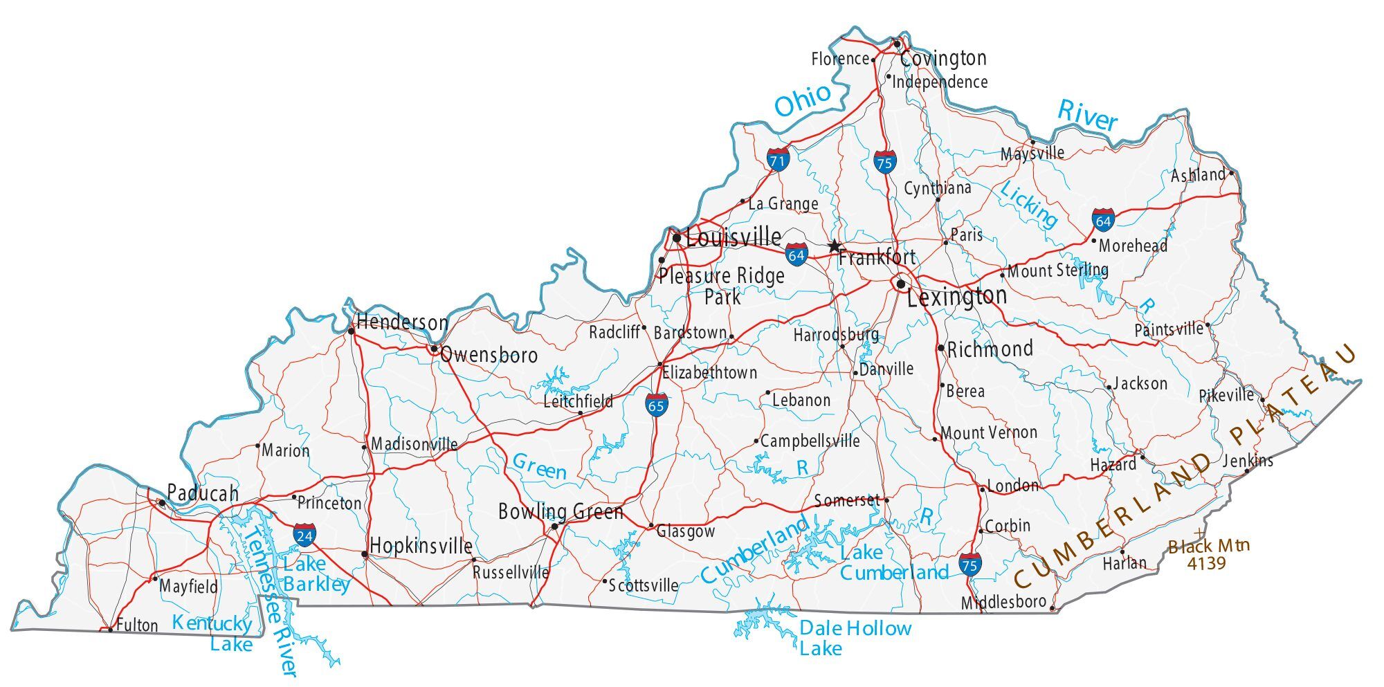 Map of Kentucky showing major cities, highways, and waterways