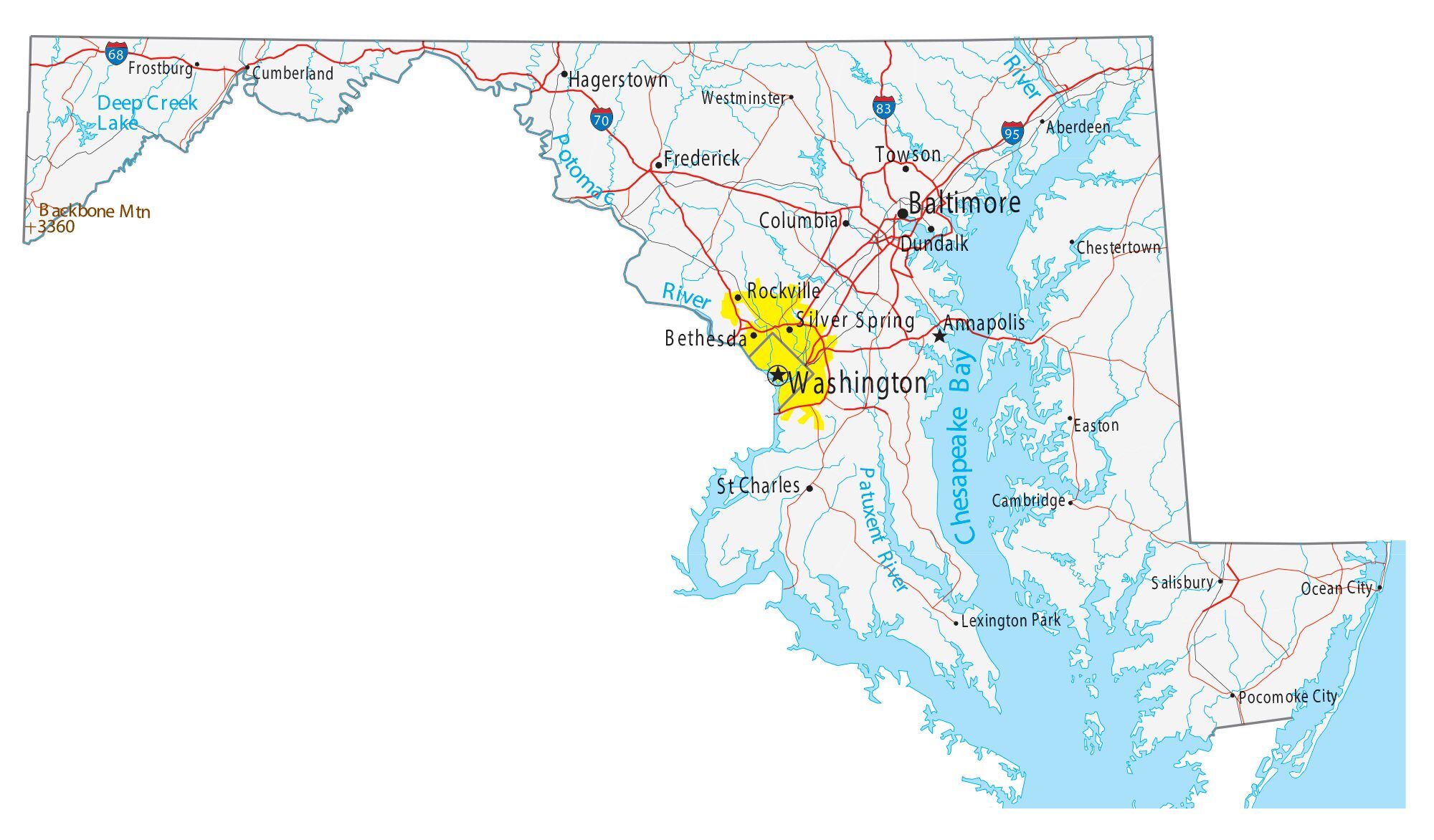 Map of Maryland showing major cities, highways, and waterways