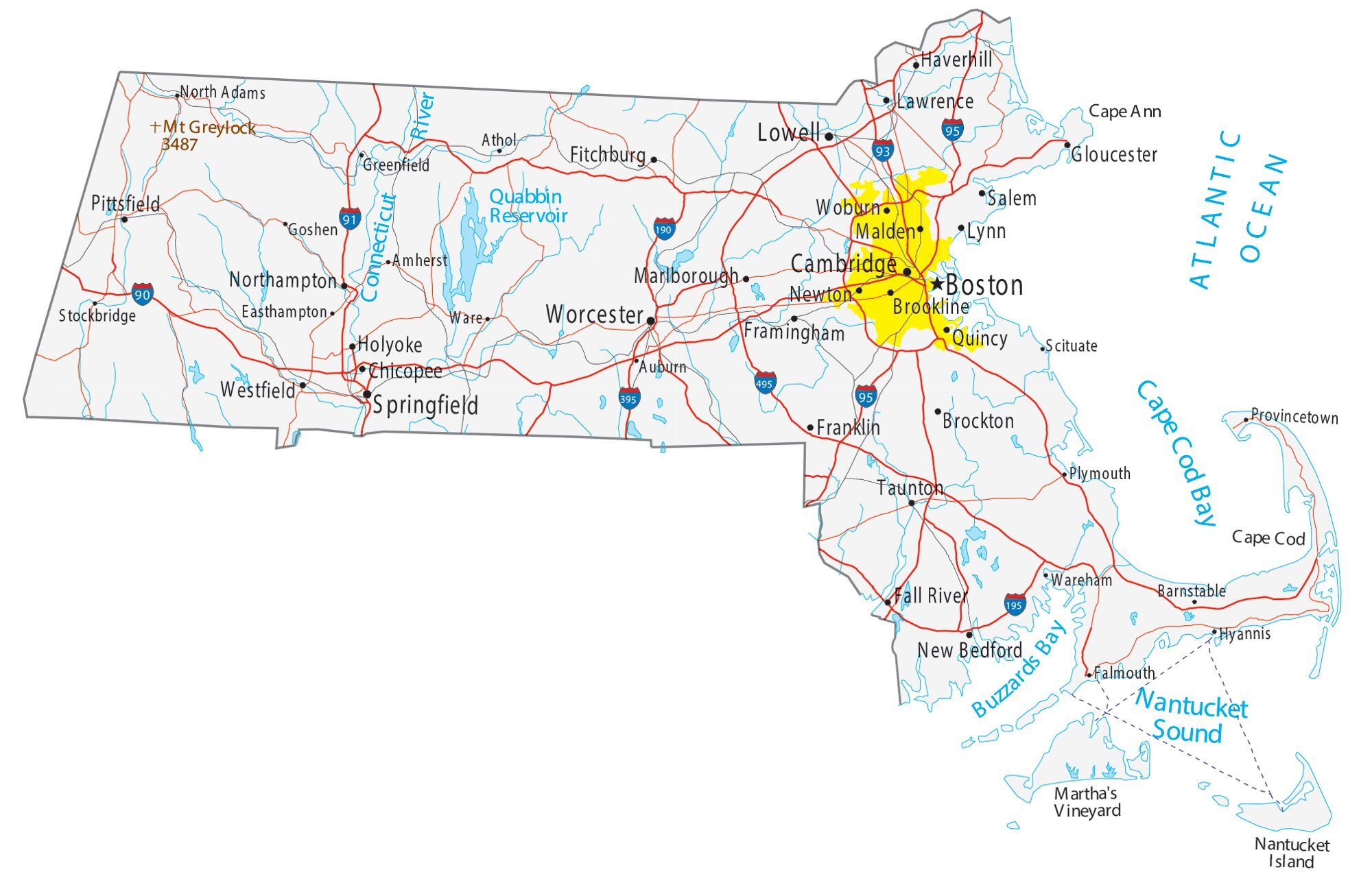 Map of Massachusetts showing major cities, highways, and waterways