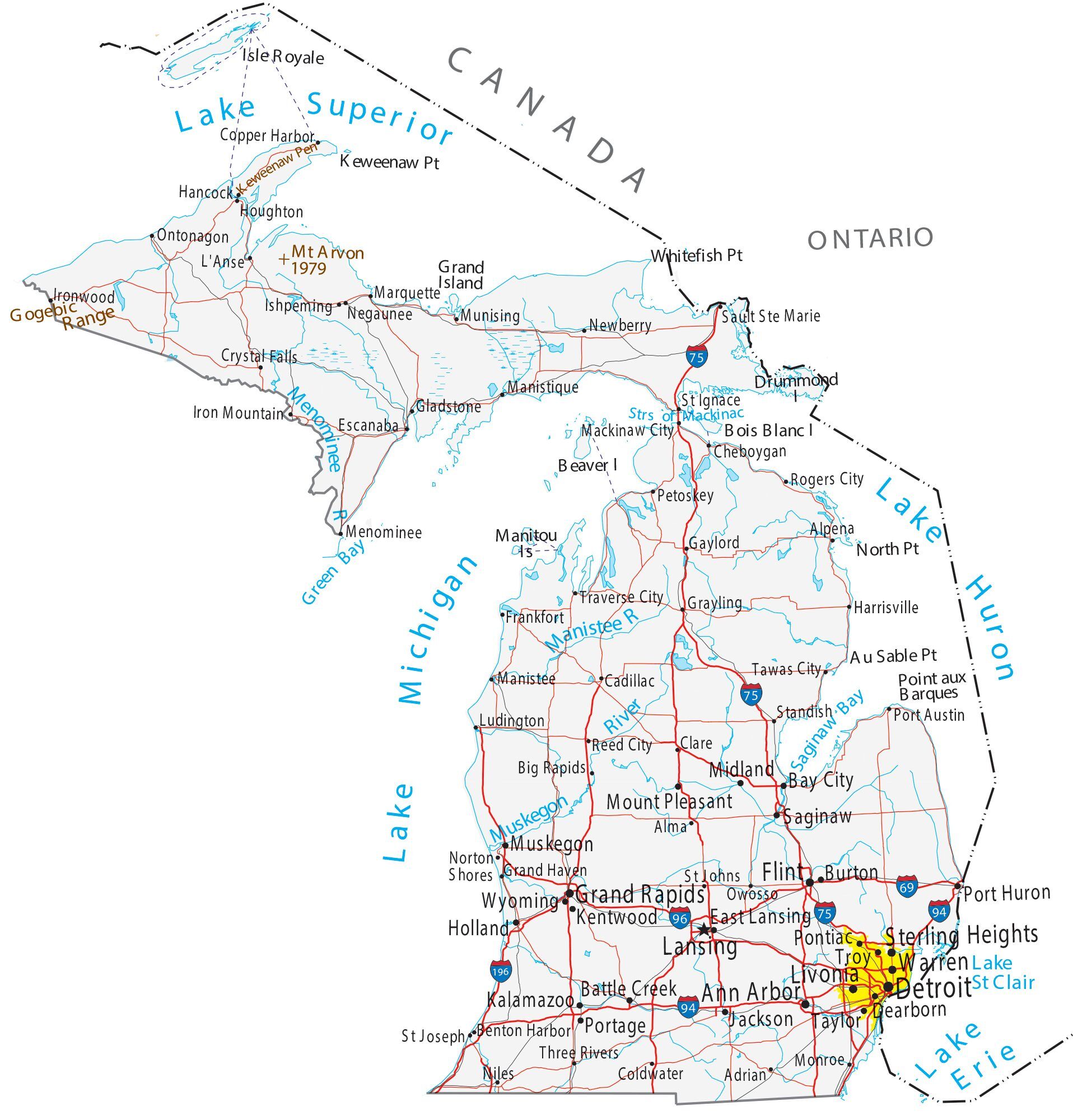Map of Michigan showing major cities, highways, and waterways