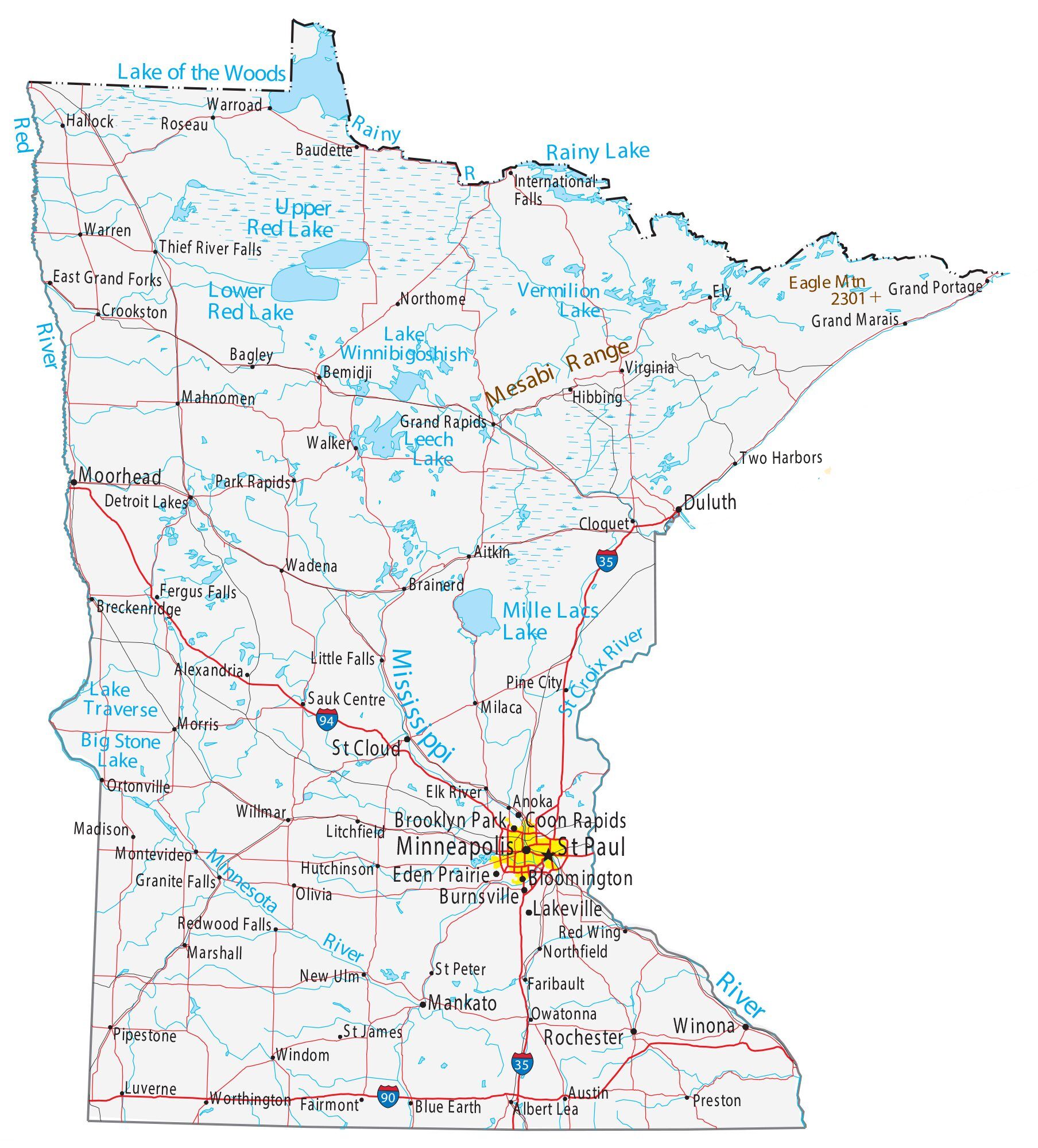 Map of Minnesota showing major cities, highways, and waterways