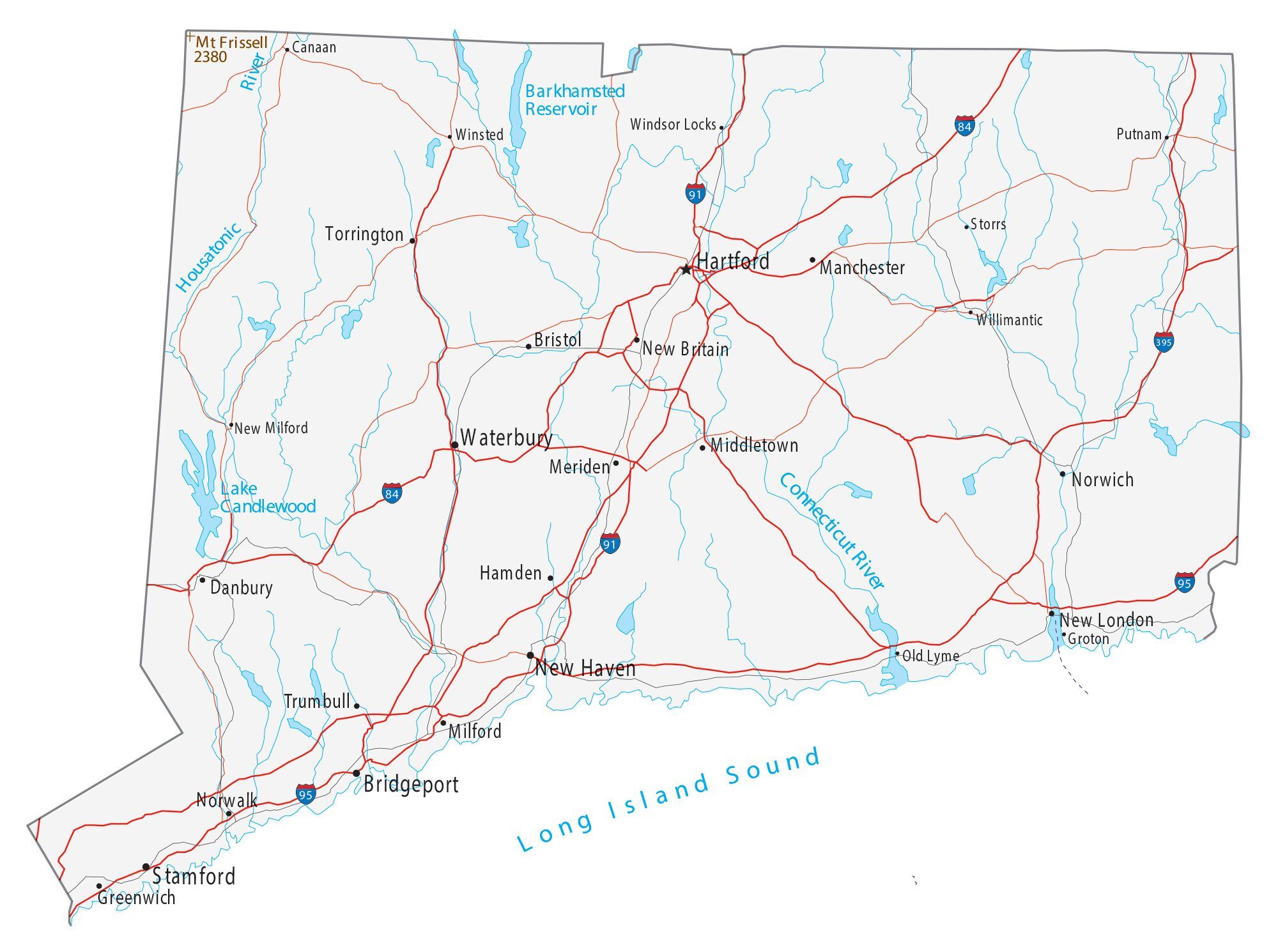 Map of Connecticut showing major cities, highways, and waterways