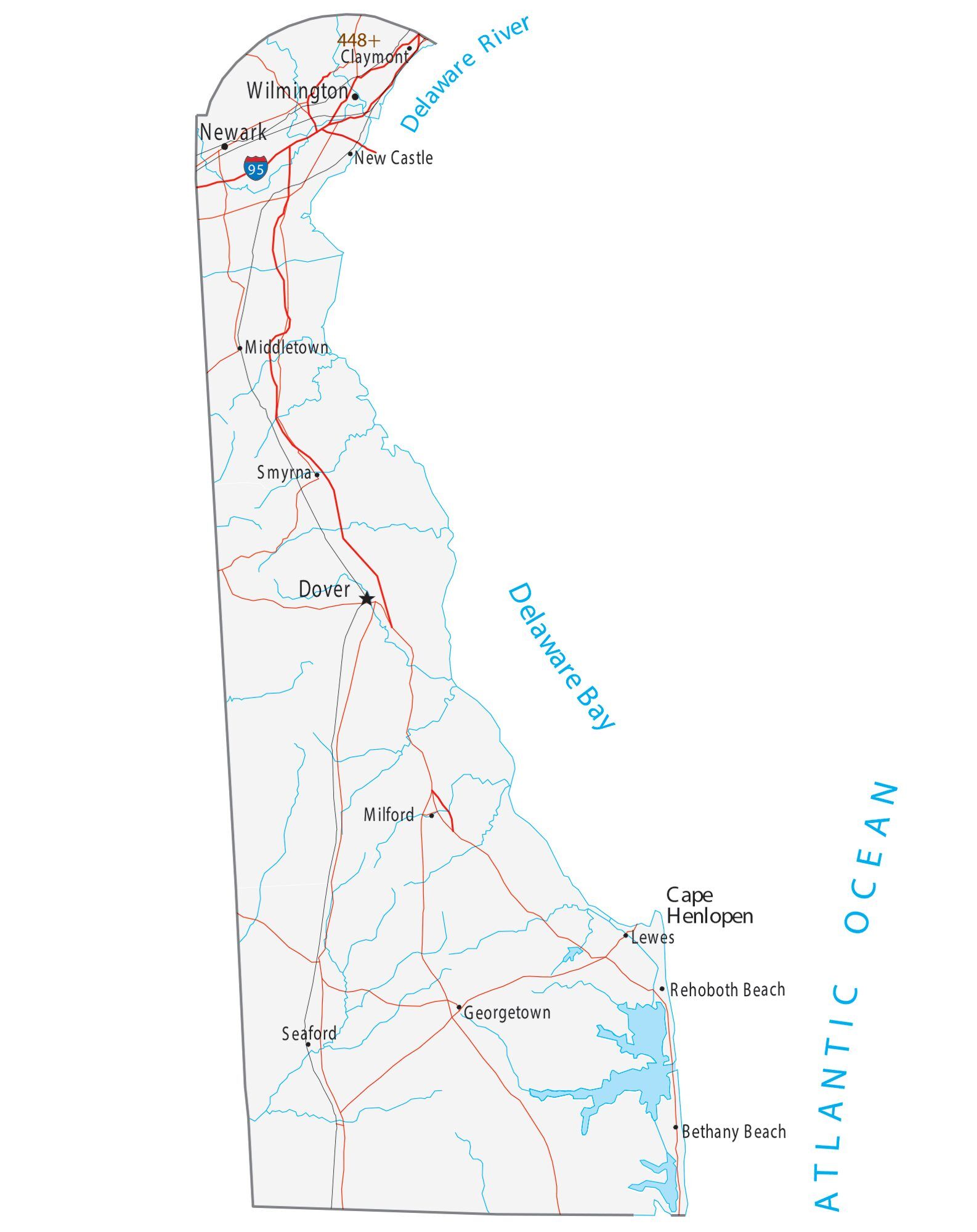 Map of Delaware showing major cities, highways, and waterways