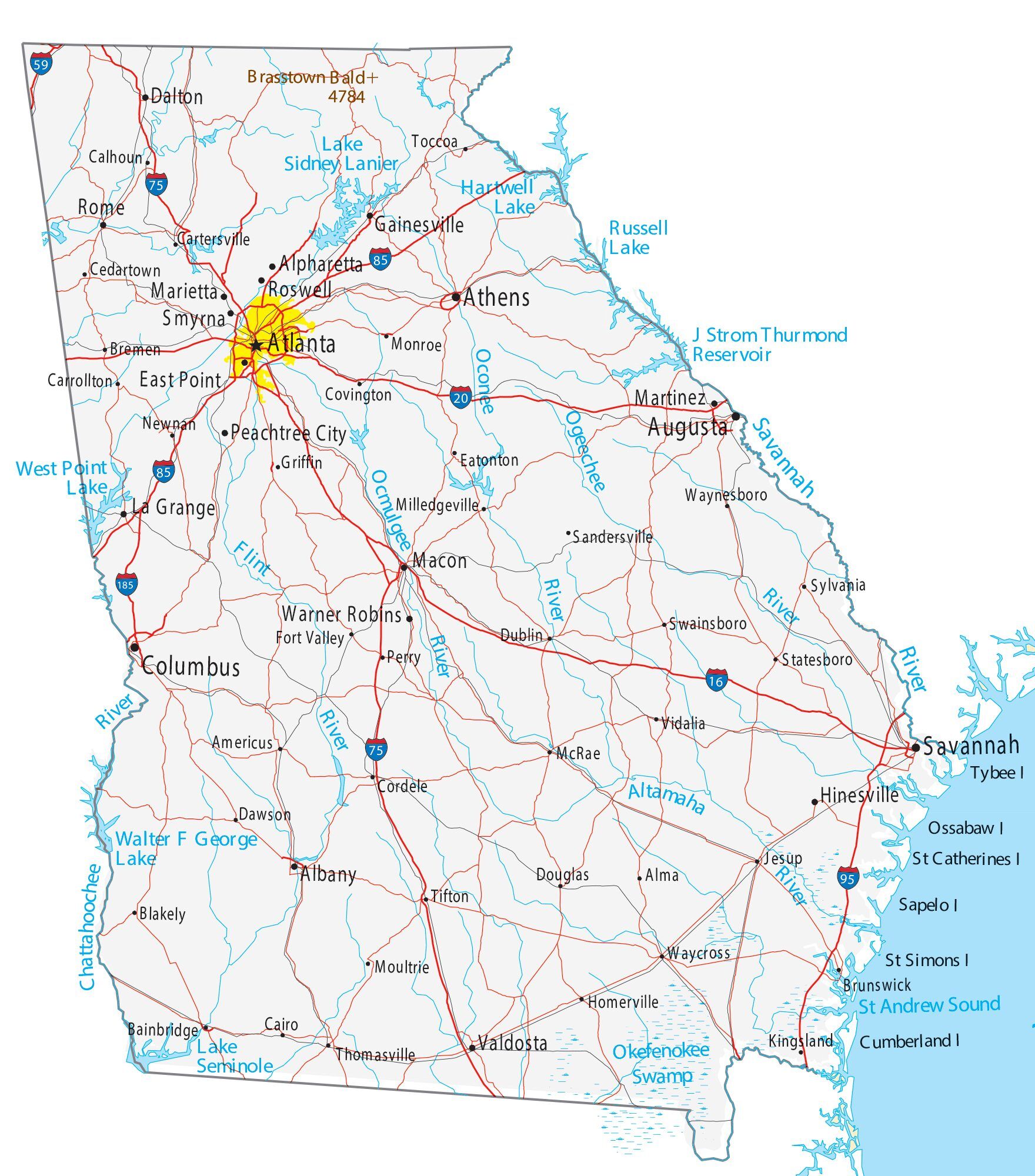 Map of Georgia showing major cities, highways, and waterways