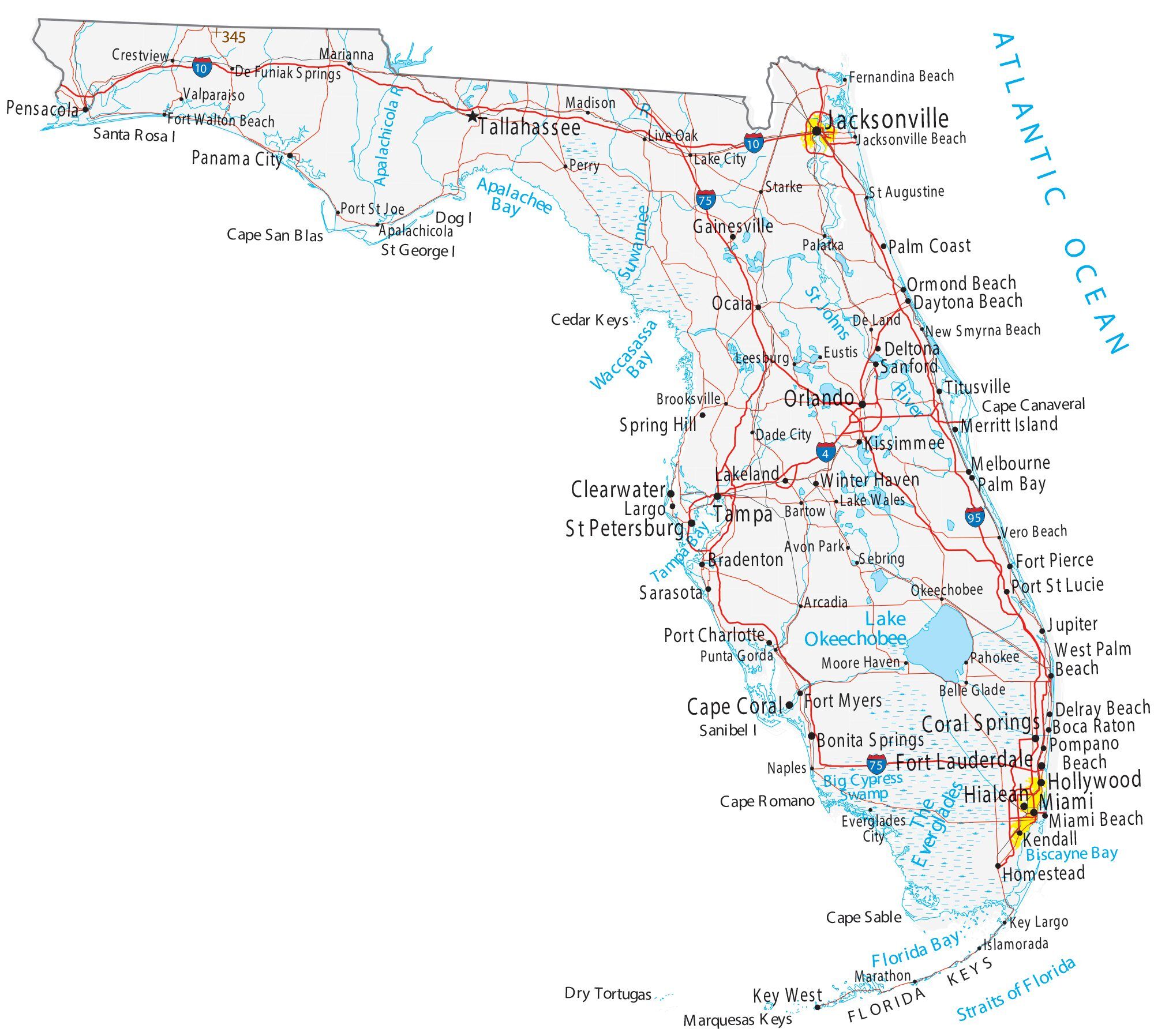 Map of Florida showing major cities, highways, and waterways