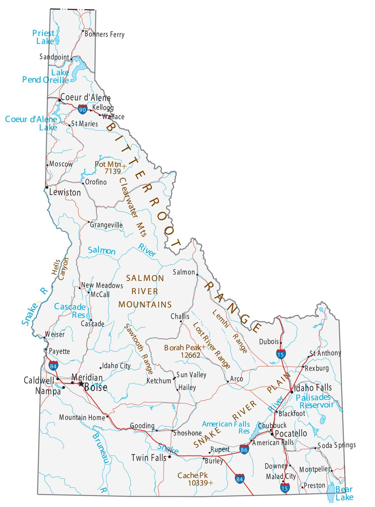 Map of Idaho showing major cities, highways, and waterways