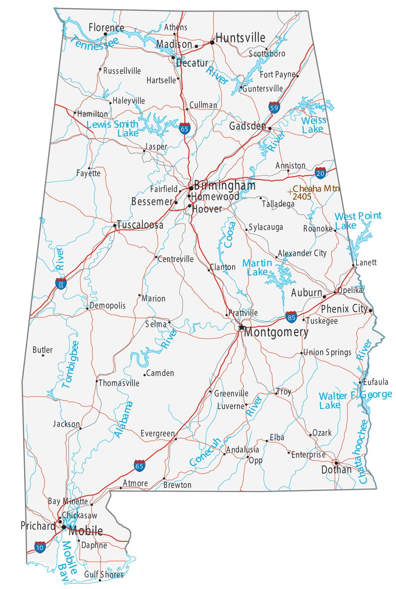 Map of Alabama showing major cities, highways, and waterways