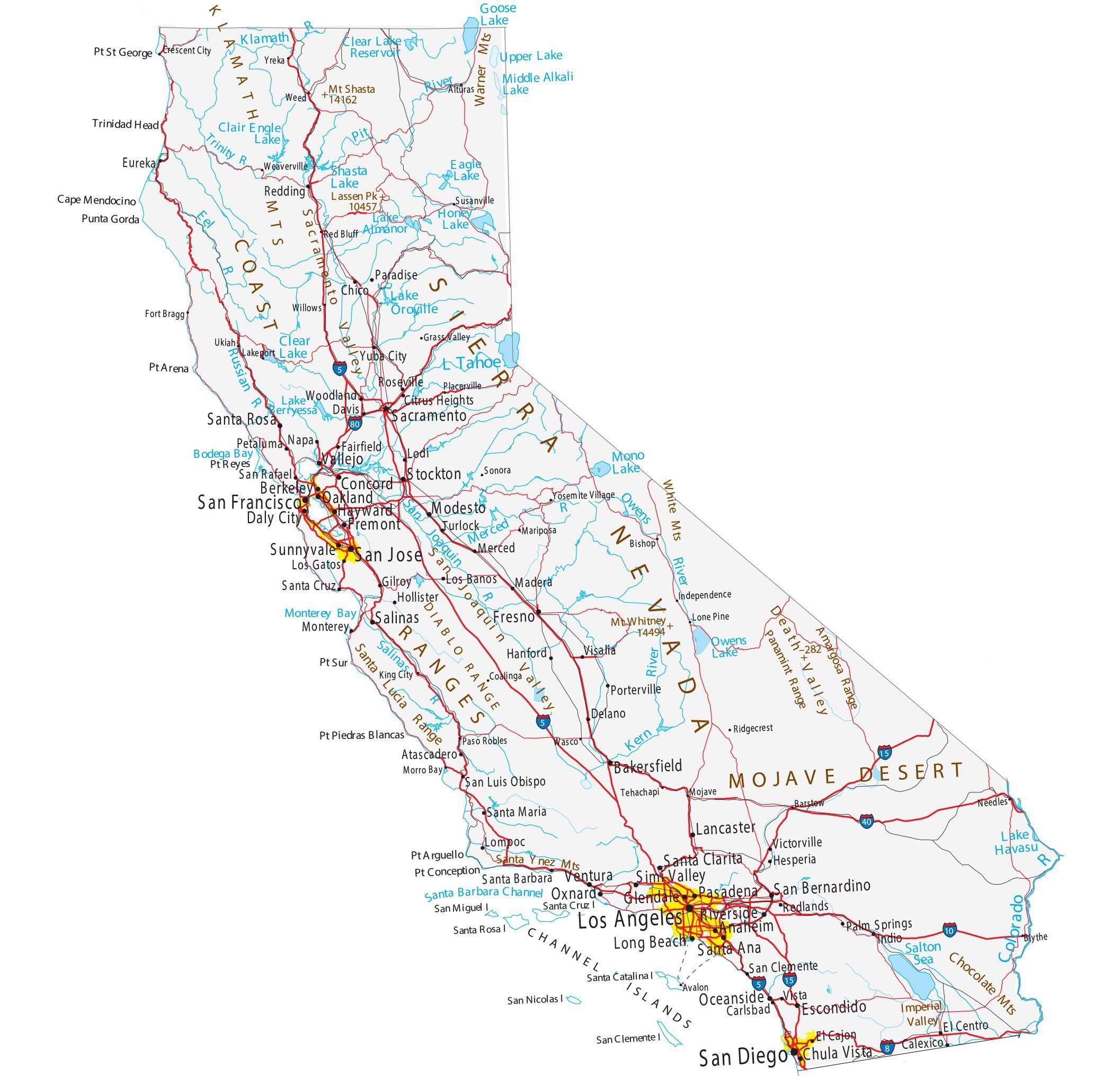 Map of California showing major cities, highways, and waterways