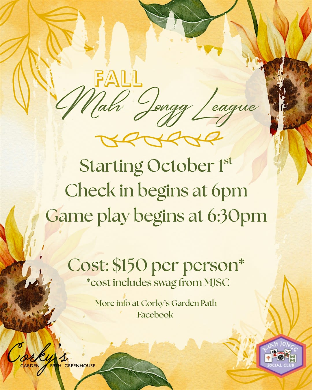 MAH JONGG SOCIAL CLUB Fall Mahjong League at Corky's Garden Path