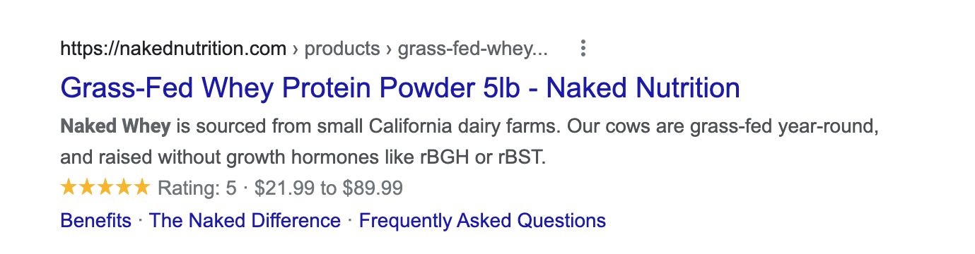 screenshot of rich snippets results from google for naked nutrition protein