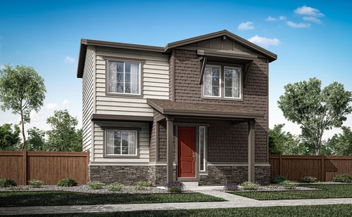 A two-story residential house with a wooden exterior, a red front door, and a fenced yard surrounded by trees in the background.