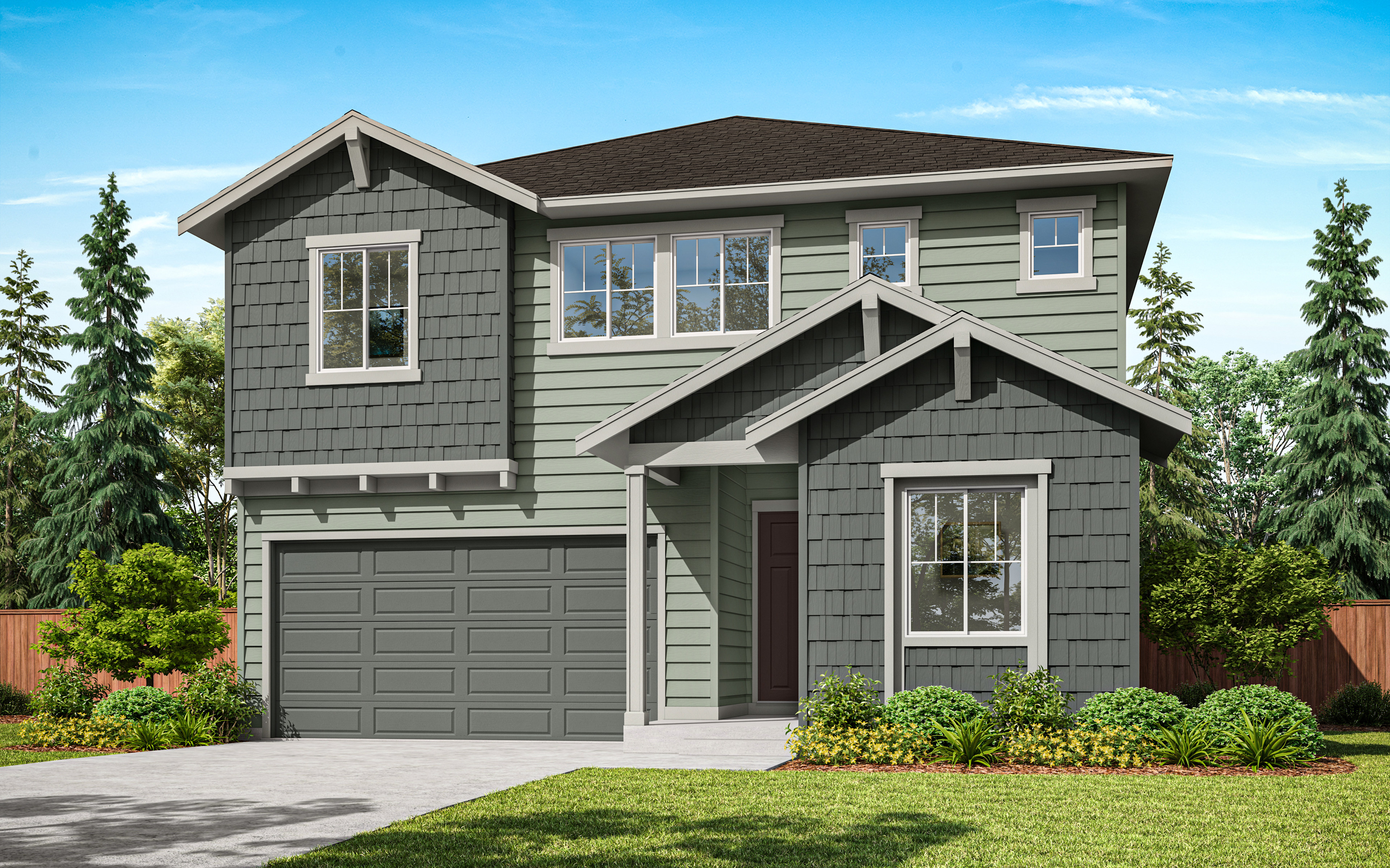 A two-story gray house with a garage, surrounded by lush greenery and a clear blue sky in the background.