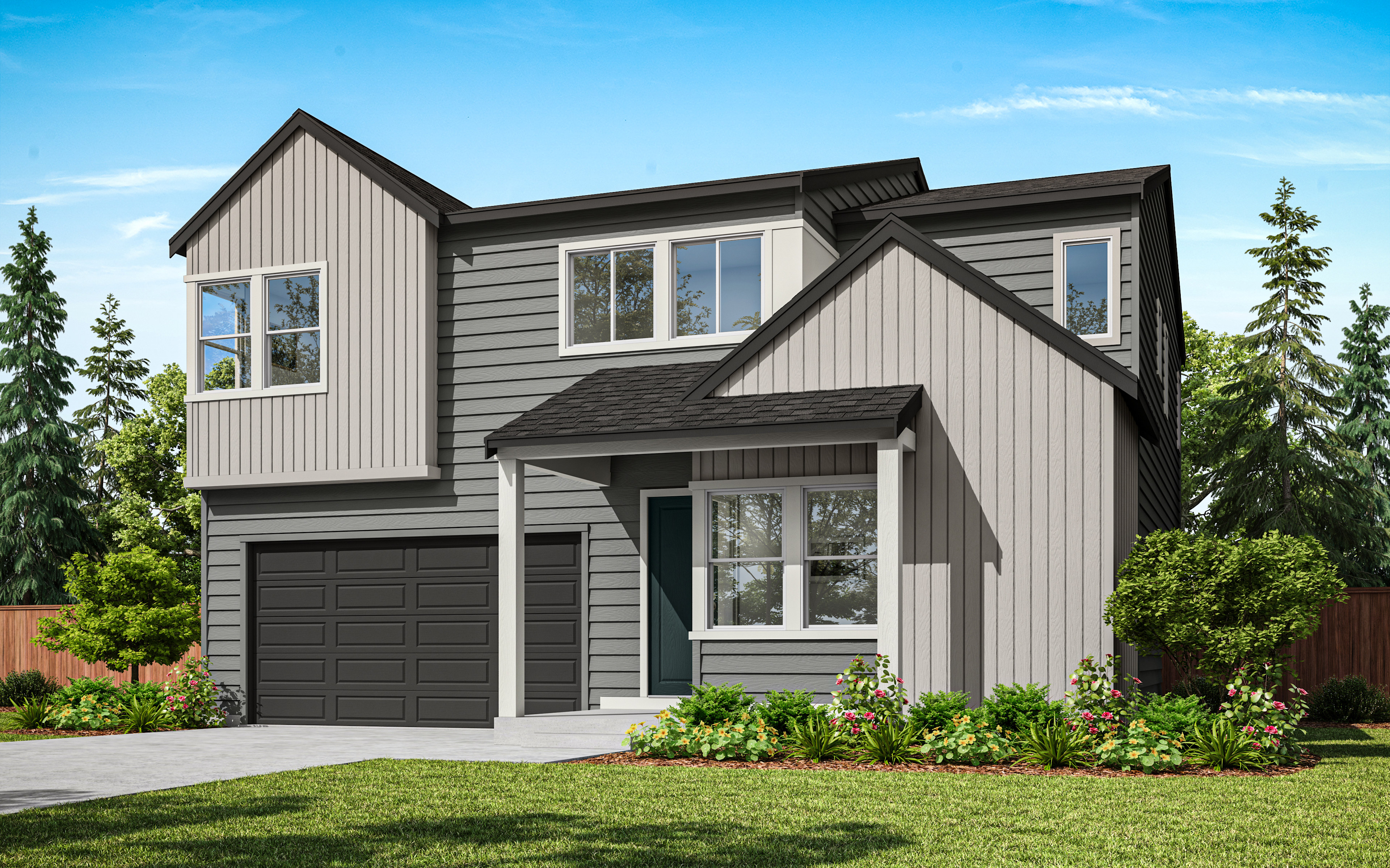 A modern two-story house with a garage, surrounded by lush greenery and a clear blue sky.