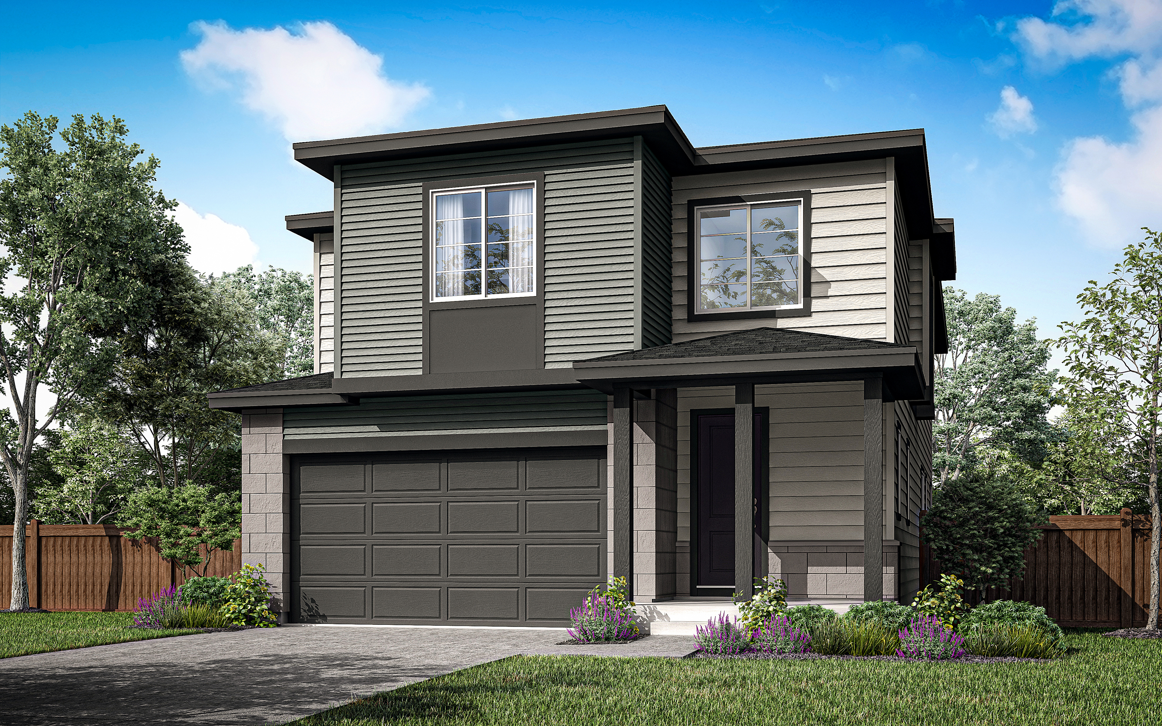 A modern two-story house with a garage, surrounded by lush greenery and a clear blue sky in the background.