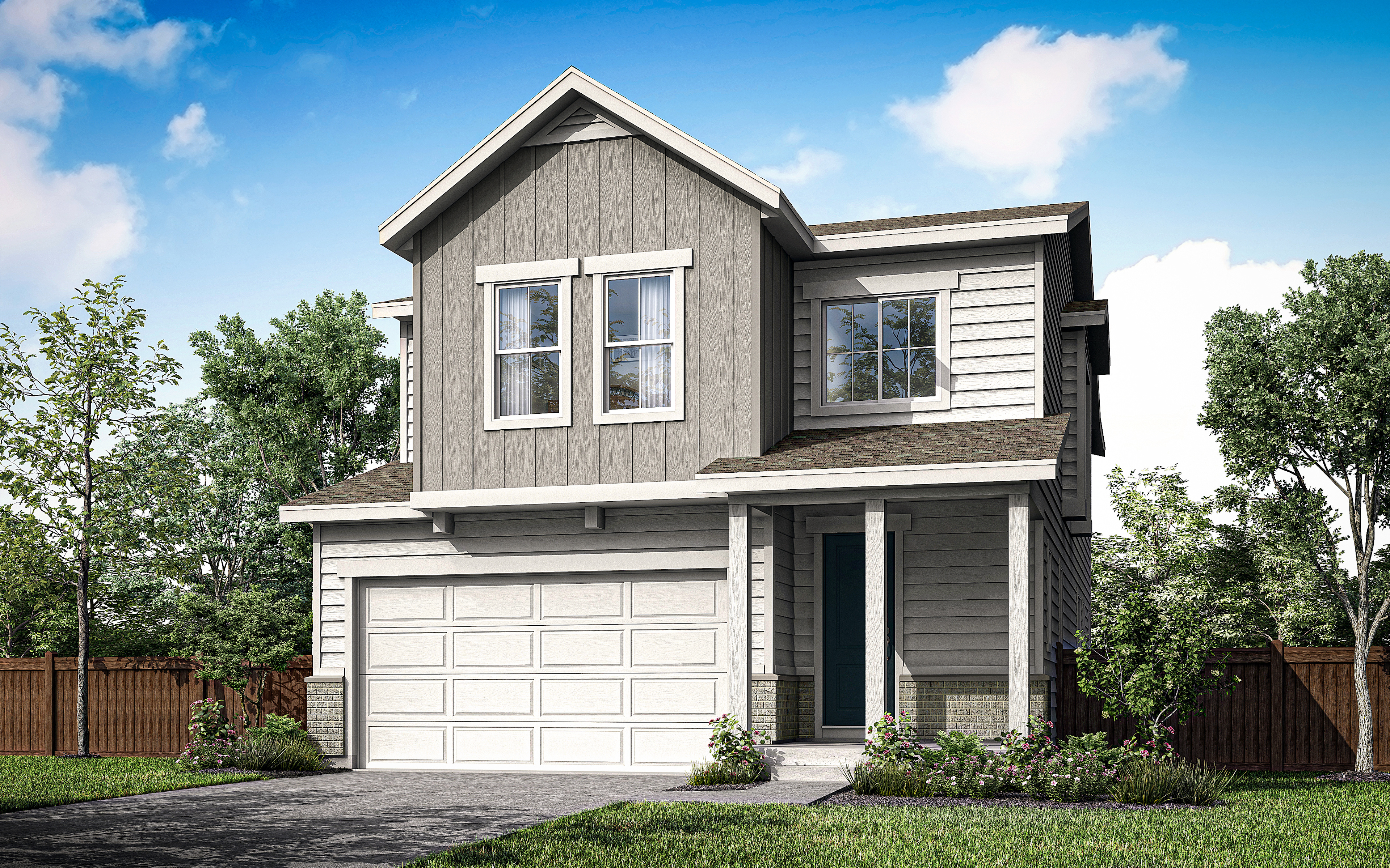 A modern two-story house with a gray exterior, a garage, and a well-manicured lawn surrounded by trees in the background.