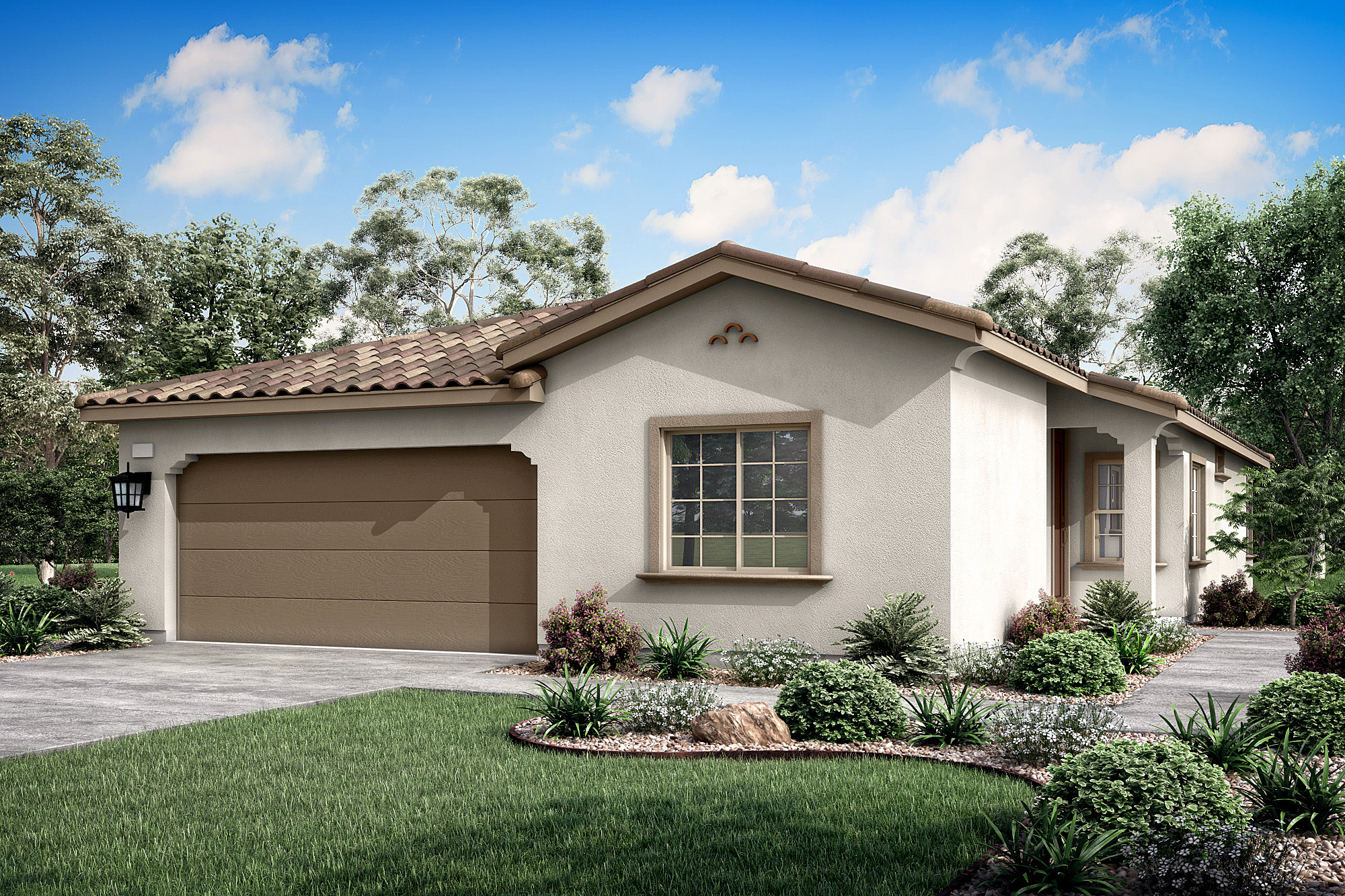 A single-story house with a tiled roof, surrounded by lush greenery and a clear blue sky with fluffy white clouds.