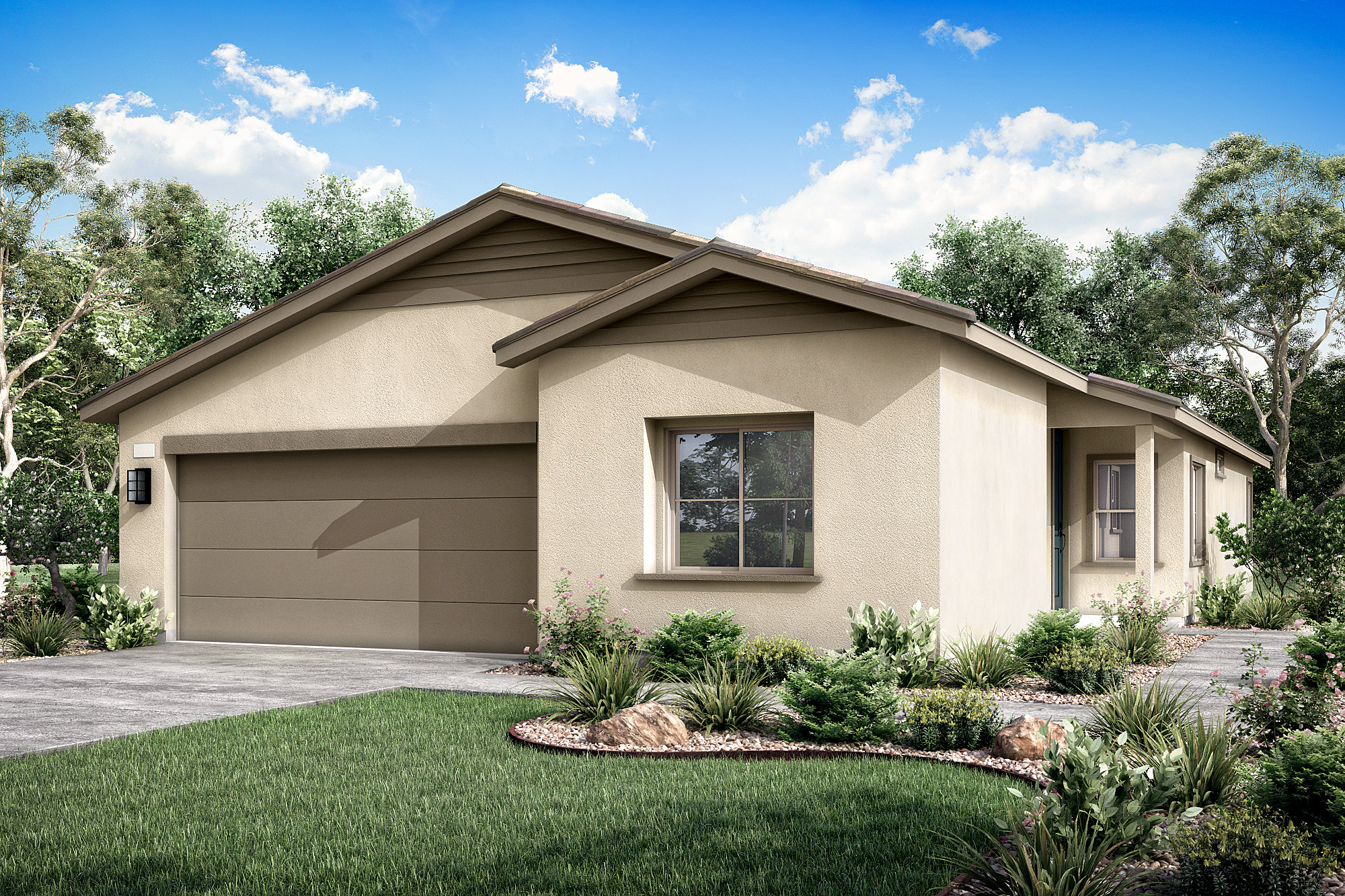 A single-story, beige-colored house with a garage and a well-manicured lawn surrounded by lush greenery and a clear blue sky with fluffy white clouds.