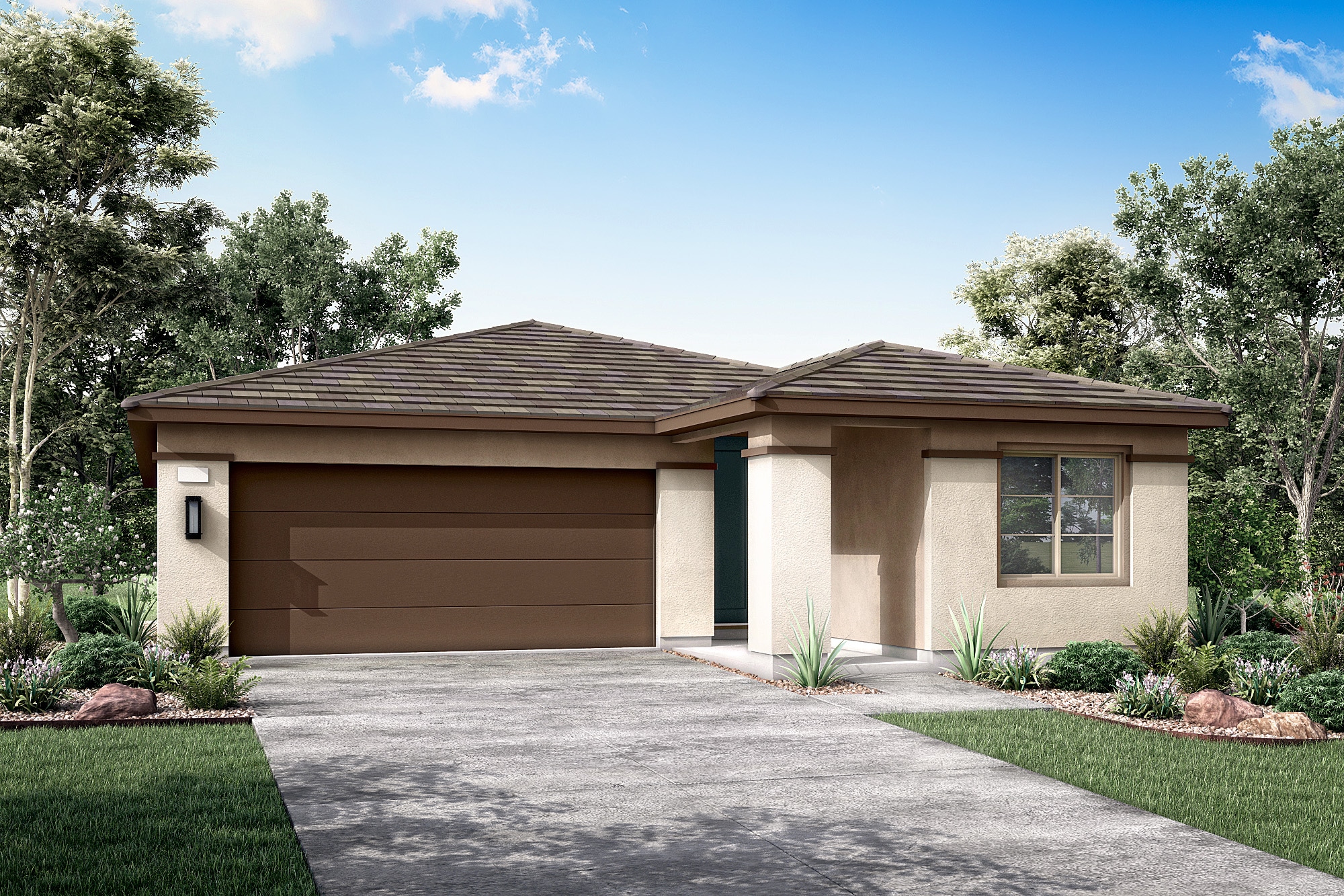 A single-story, beige-colored house with a brown tiled roof sits in a well-landscaped yard surrounded by trees and shrubs, under a clear blue sky.