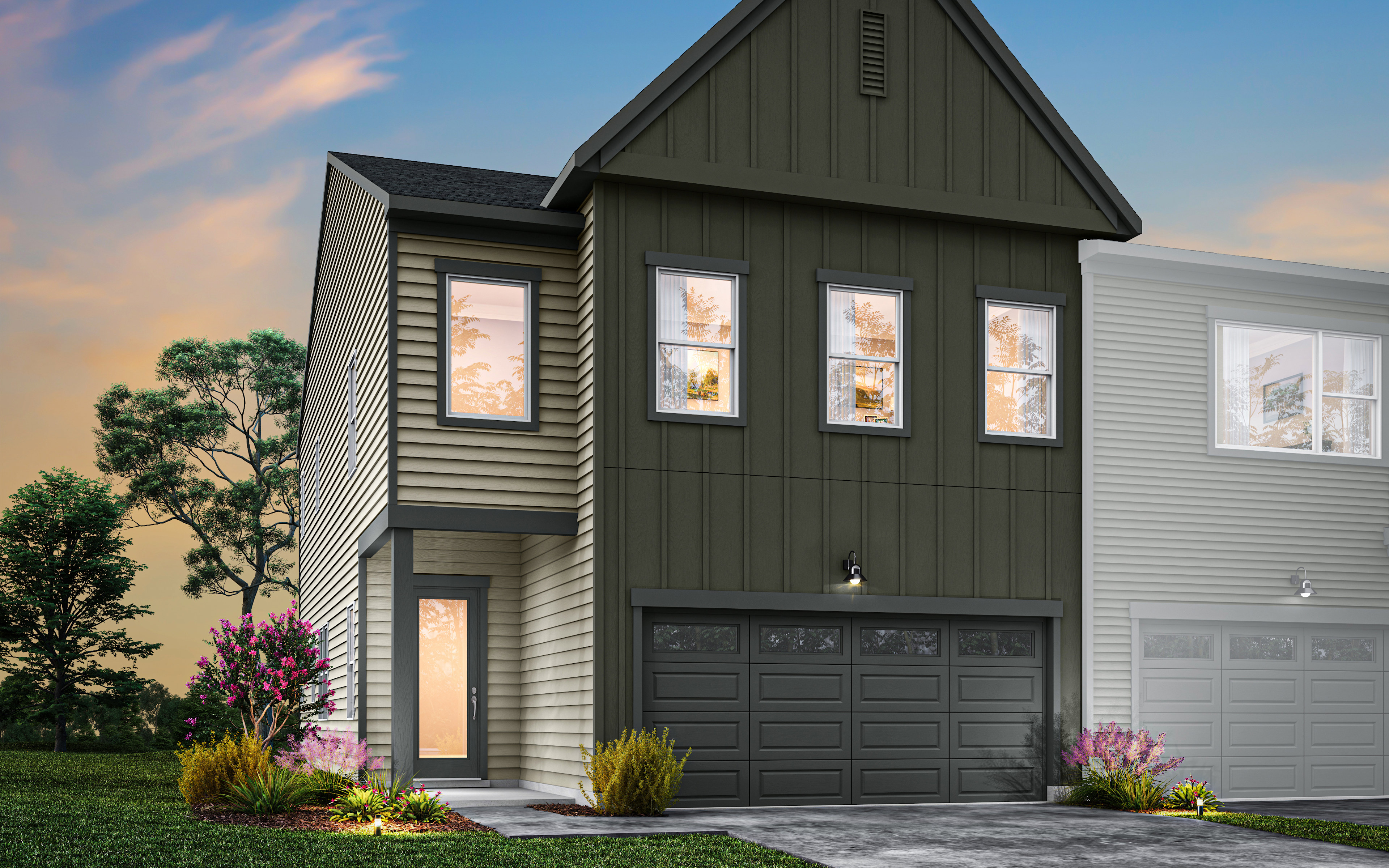 A two-story modern house with a dark gray exterior, a triangular roof, and a garage door in the foreground, set against a backdrop of trees and a colorful sky.