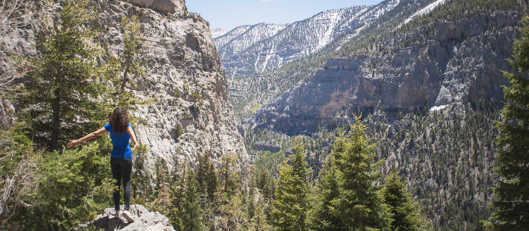 A person stands on a rocky outcrop overlooking a vast, rugged mountain landscape with dense forests and towering cliffs in the background.