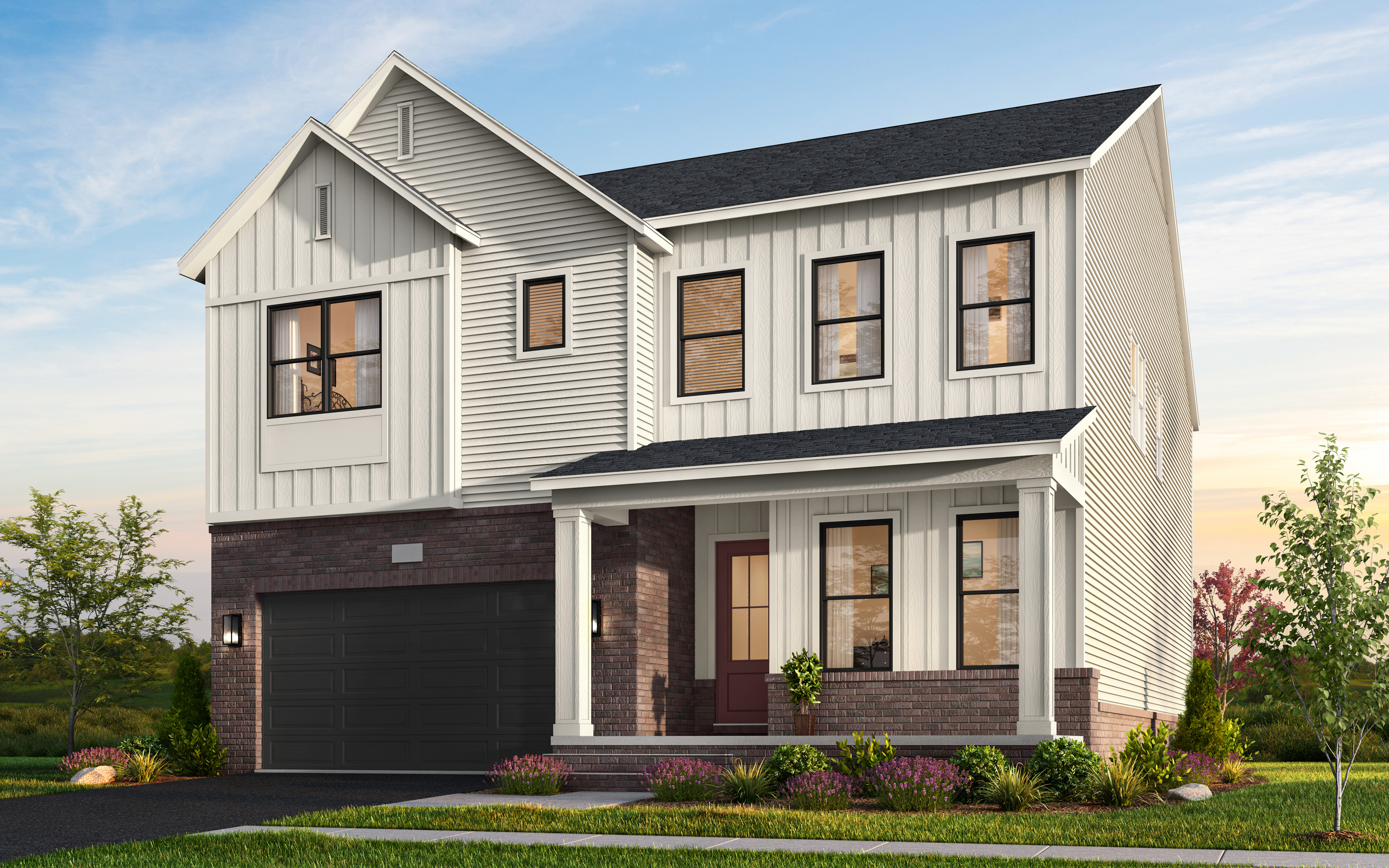 A two-story residential house with a garage, surrounded by landscaped greenery and a clear sky in the background.