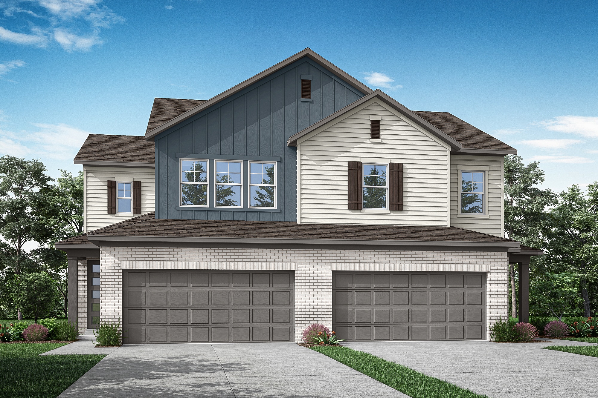 A two-story residential house with a garage, surrounded by lush greenery and a clear blue sky.